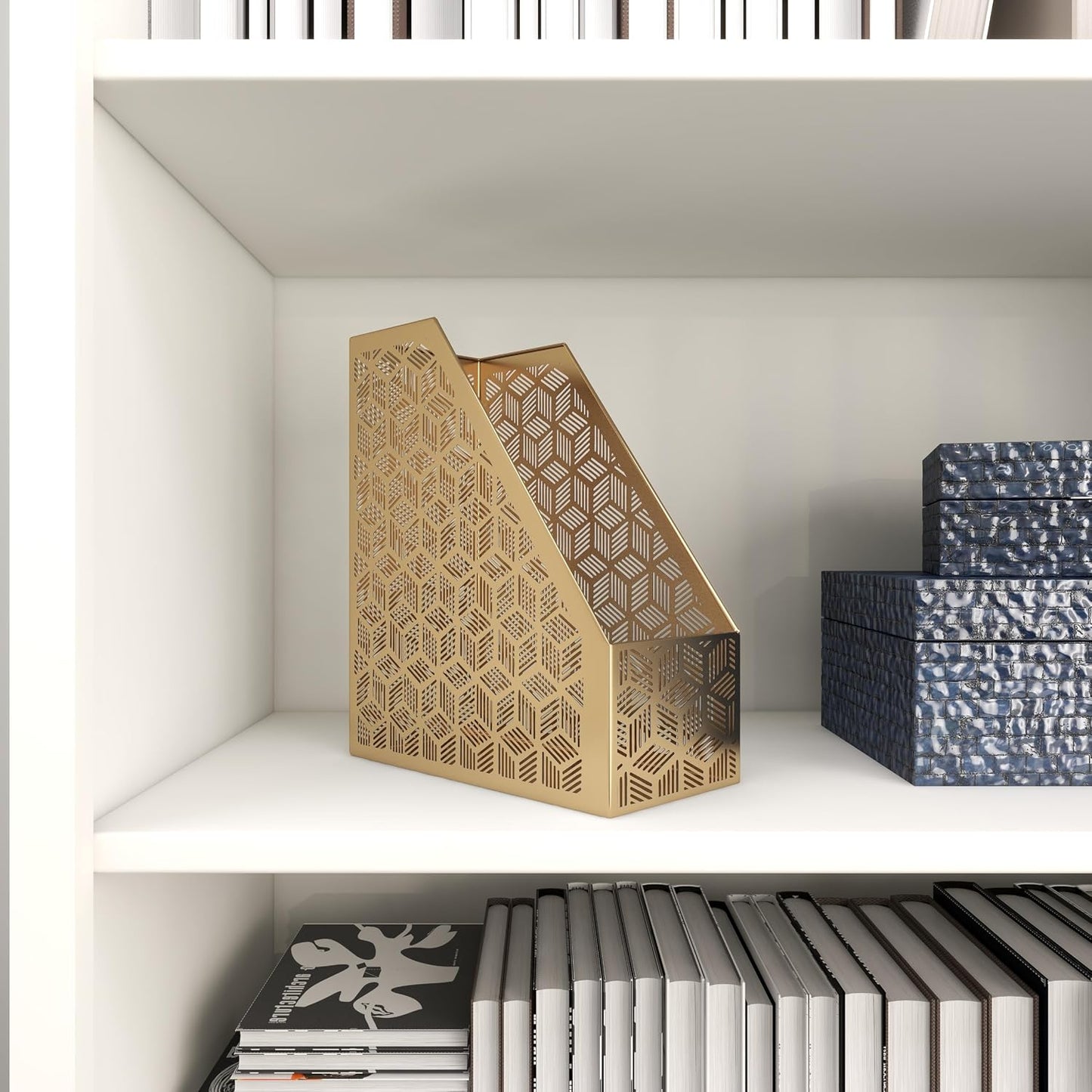 Deco 79 Metal Geometric Single Slot Magazine Holder with Laser Carved Design, 5" x 10" x 12", Gold