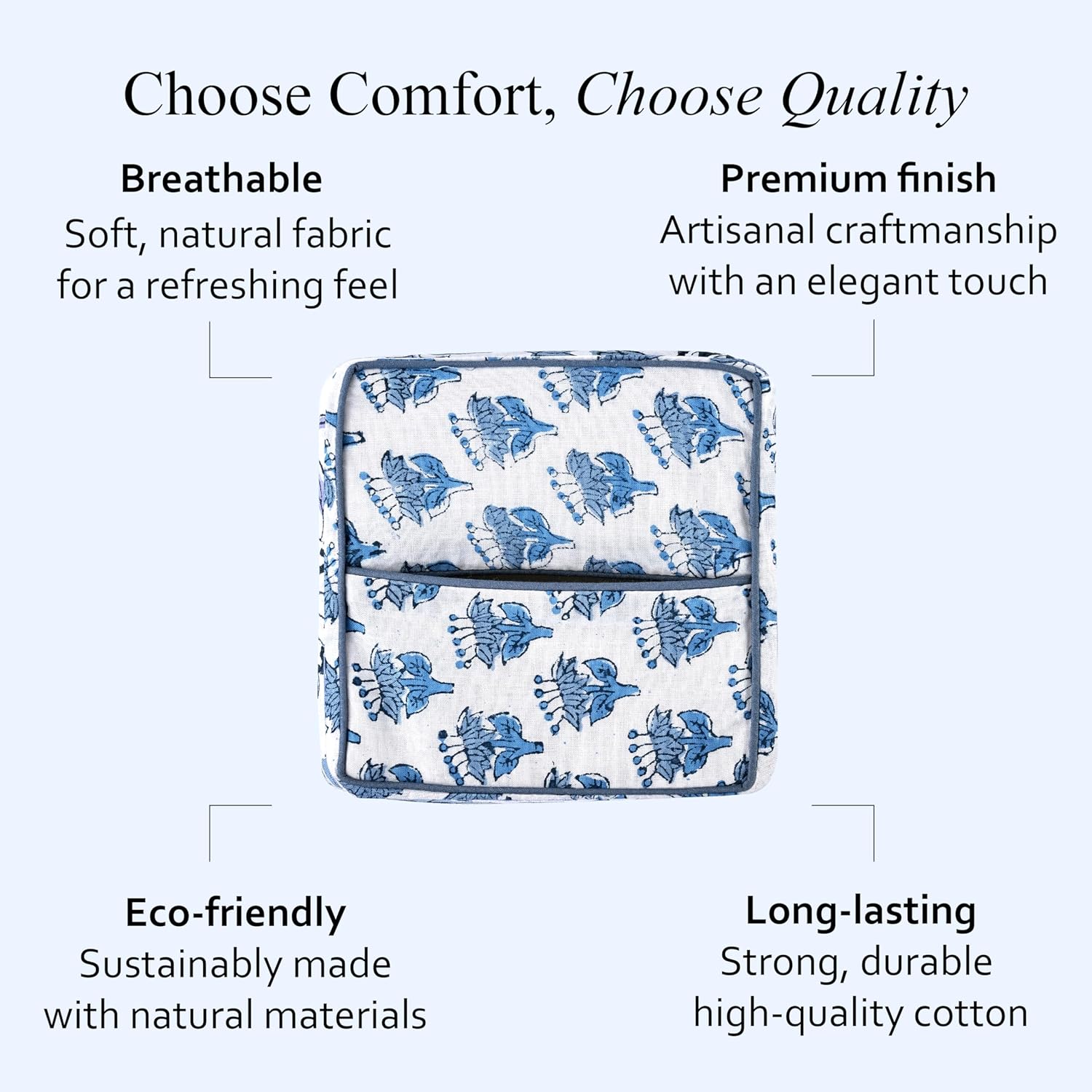 CPC Hand Block Printed Cotton Tissue Box Cover " Square Soft Reusable / Apatite Blue / 5 x 5 x 5.5