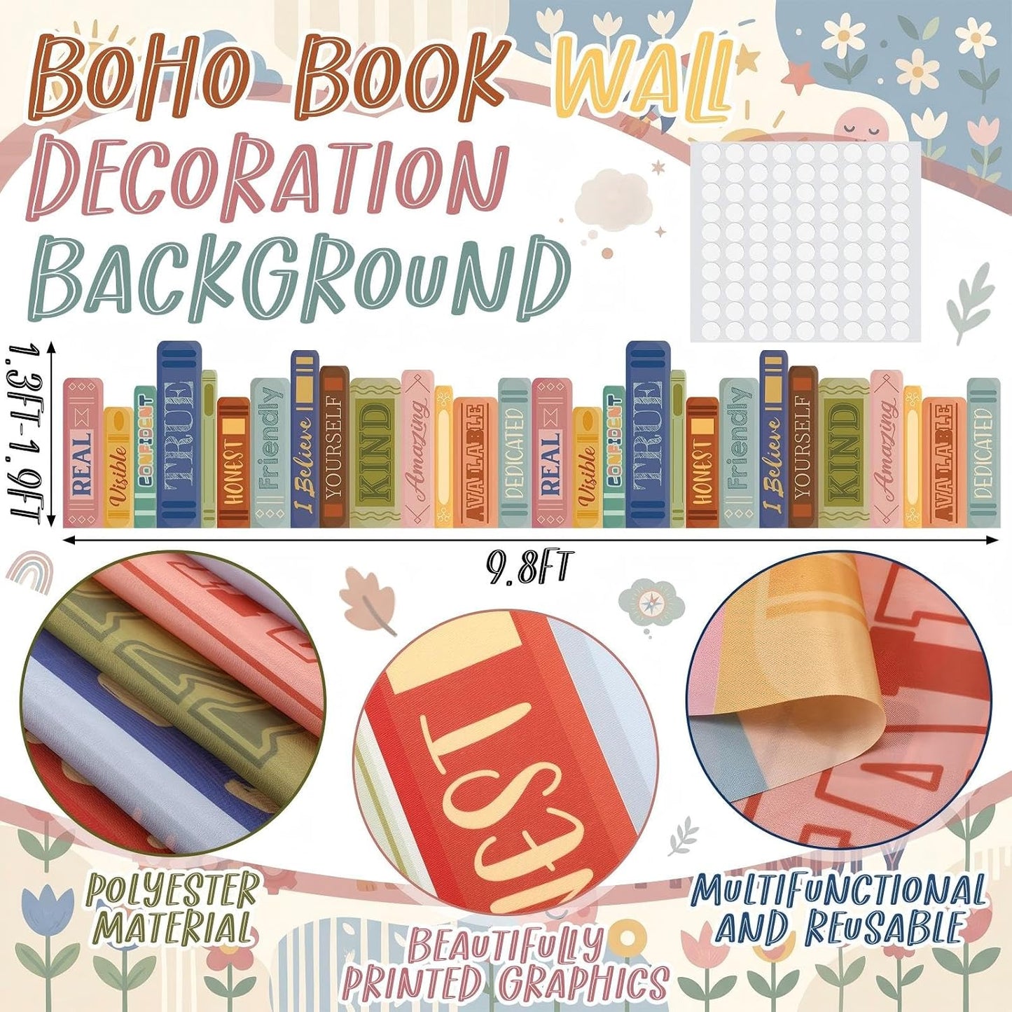 Boho Classroom Wall Decor Fabric Back to School Classroom Wall / Boho Color / Book / 9.8 ft
