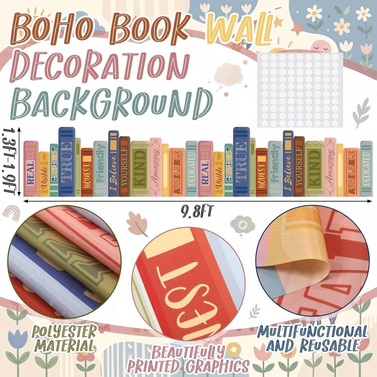 Boho Classroom Wall Decor Fabric Back to School Classroom Wall / Boho Color / Book / 9.8 ft