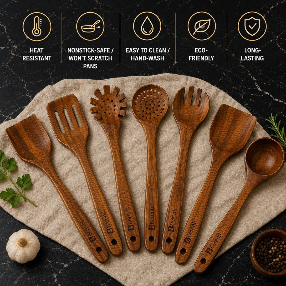 Berenti Wooden Utensil Set, 7 Piece Acacia Wood Cooking Utensils | Wooden spoon, spatula, turner, ladle, skimmer and