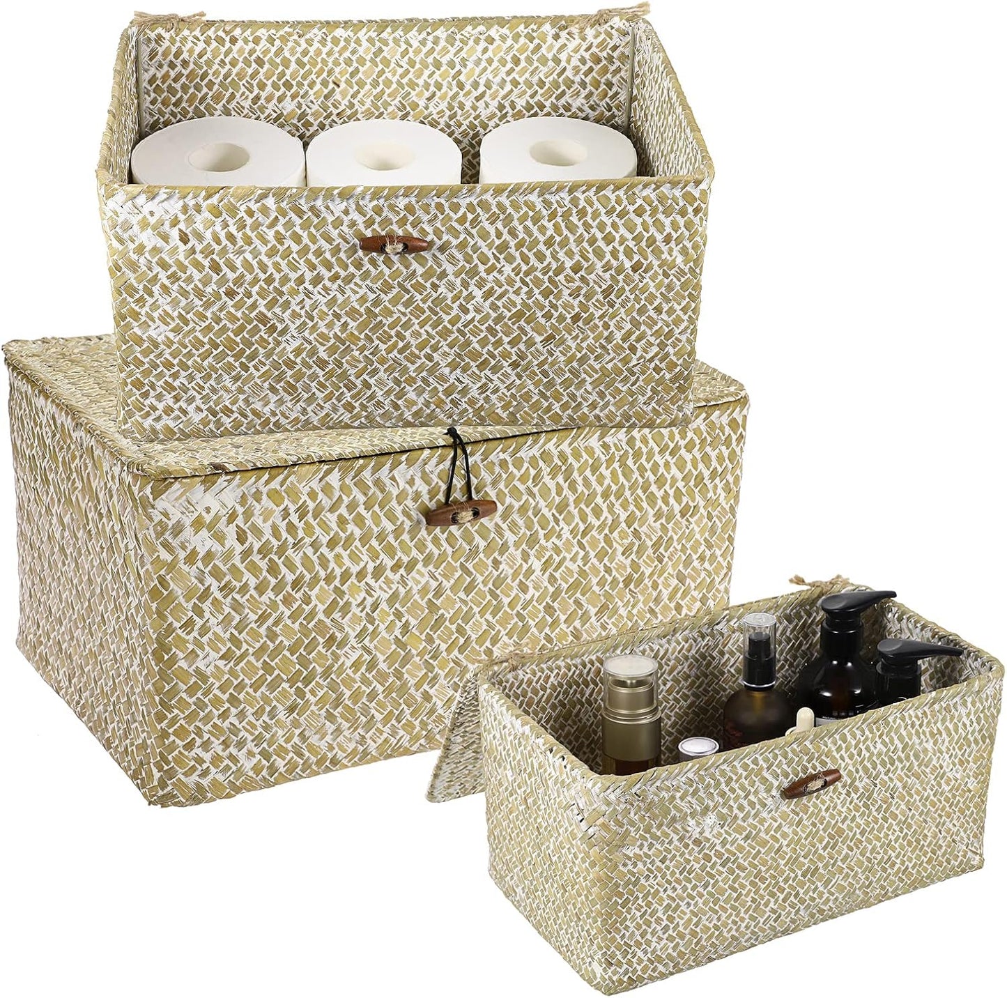 Wicker Storage Baskets / 14.6 x 9.5 x 7.3 / Large / Whitewash / Set of 3