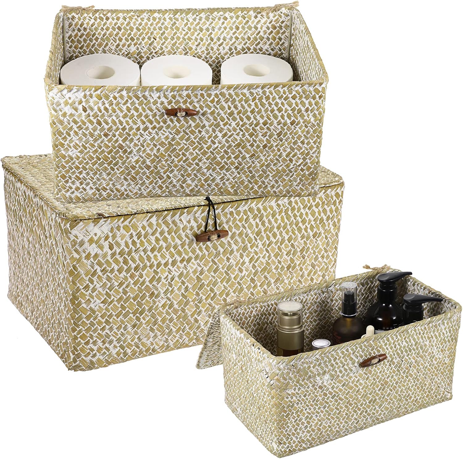Wicker Storage Baskets / 14.6 x 9.5 x 7.3 / Large / Whitewash / Set of 3
