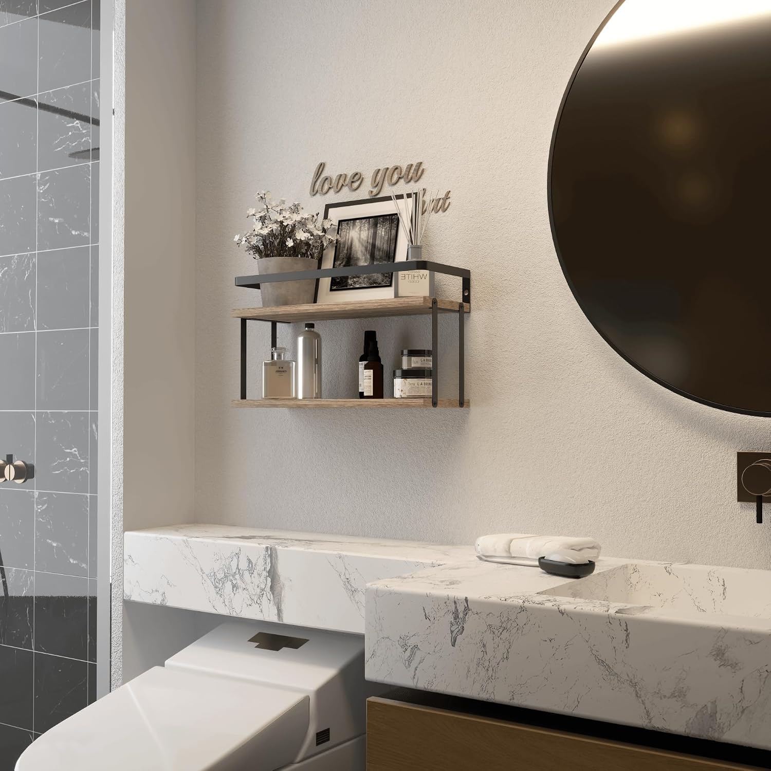RICHER HOUSE Floating Shelves Bathroom, Wall Mounted Shelf Over Toilet | Dual-Level, with Metal Guard-Rail, Organizers