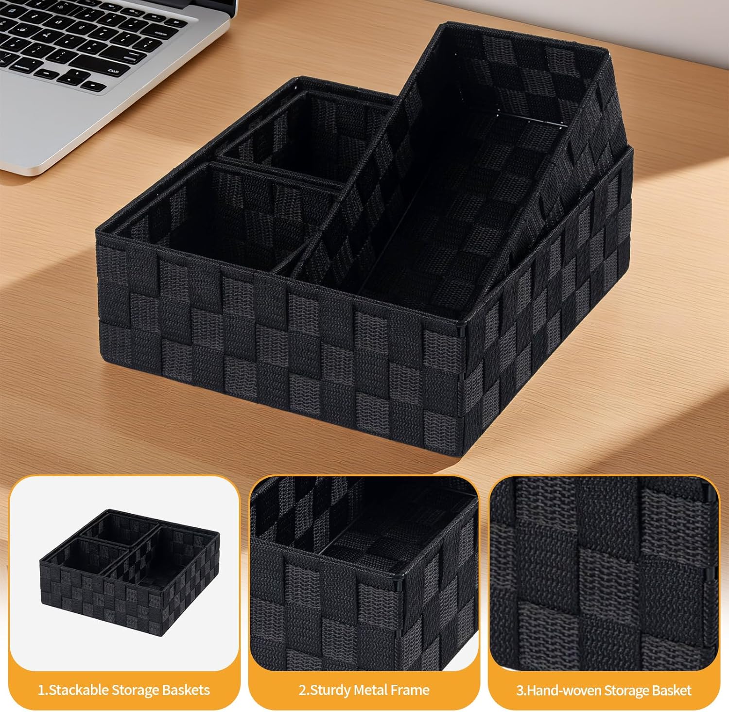 Woven Storage Baskets for Organizing Organizer Divider for Drawer / Black