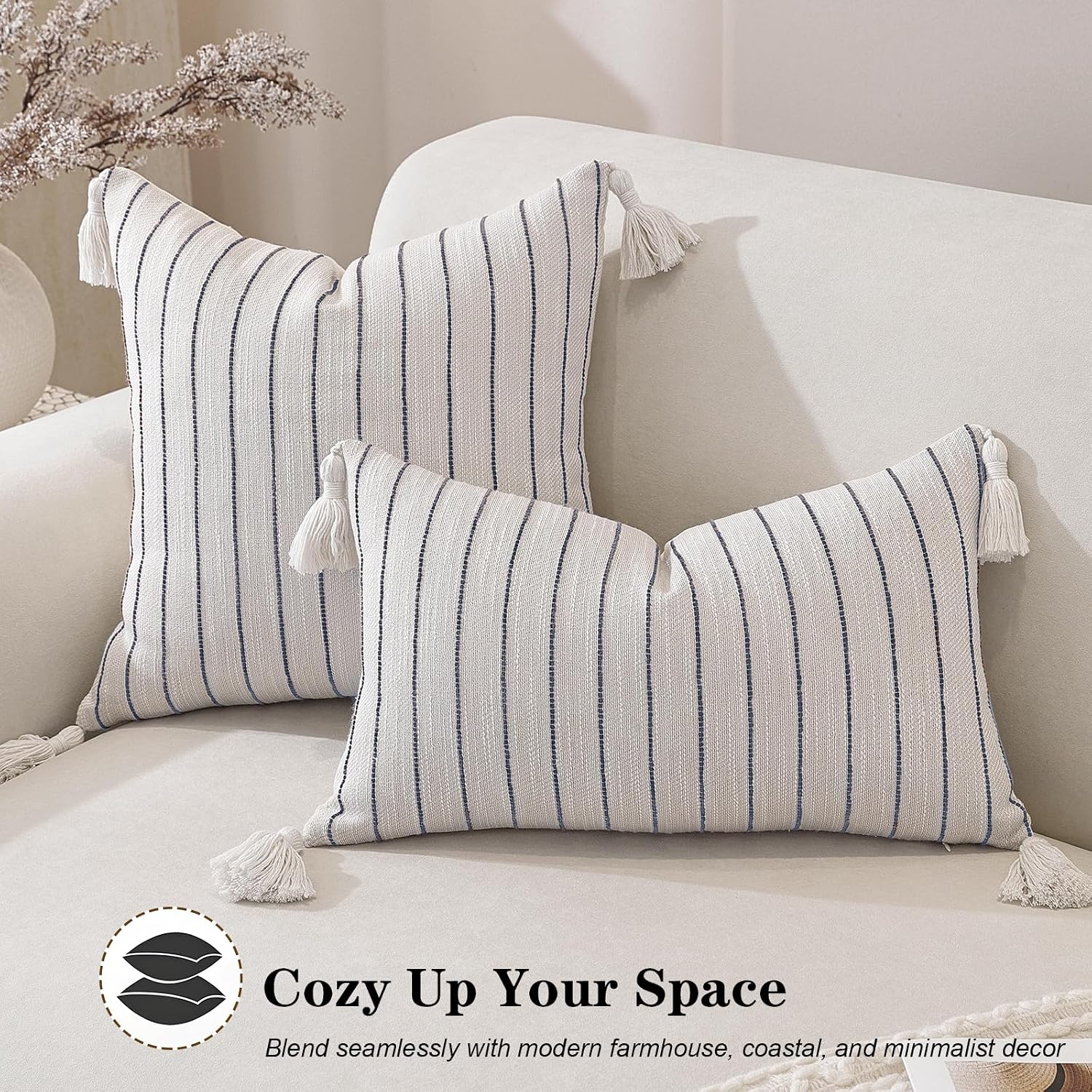 Decorative Boho Throw Pillow Covers / Navy Blue Striped / 18 x 18 / Set of 2