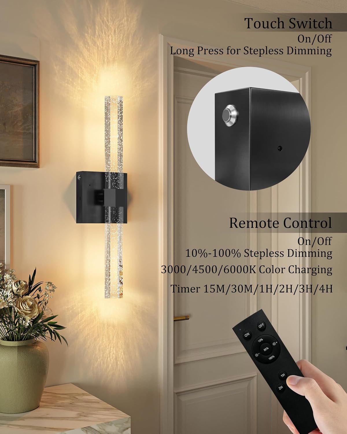 Battery Operated Wall Sconces Set of 2, Black, Bubble Crystal, 18.4 Inch | LED Wireless Rechargeable Wall Lights