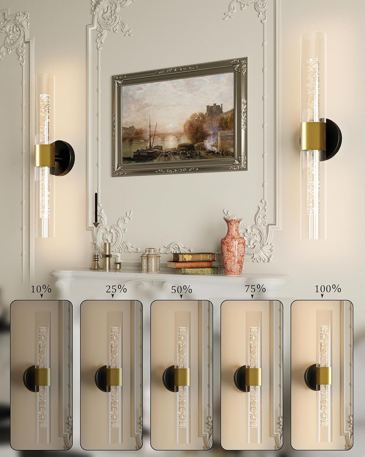 Black Gold Wall Sconces Battery Operated with Remote Control 21.5 Inch 3CCT | Rechargeable Wall Sconce with Timer