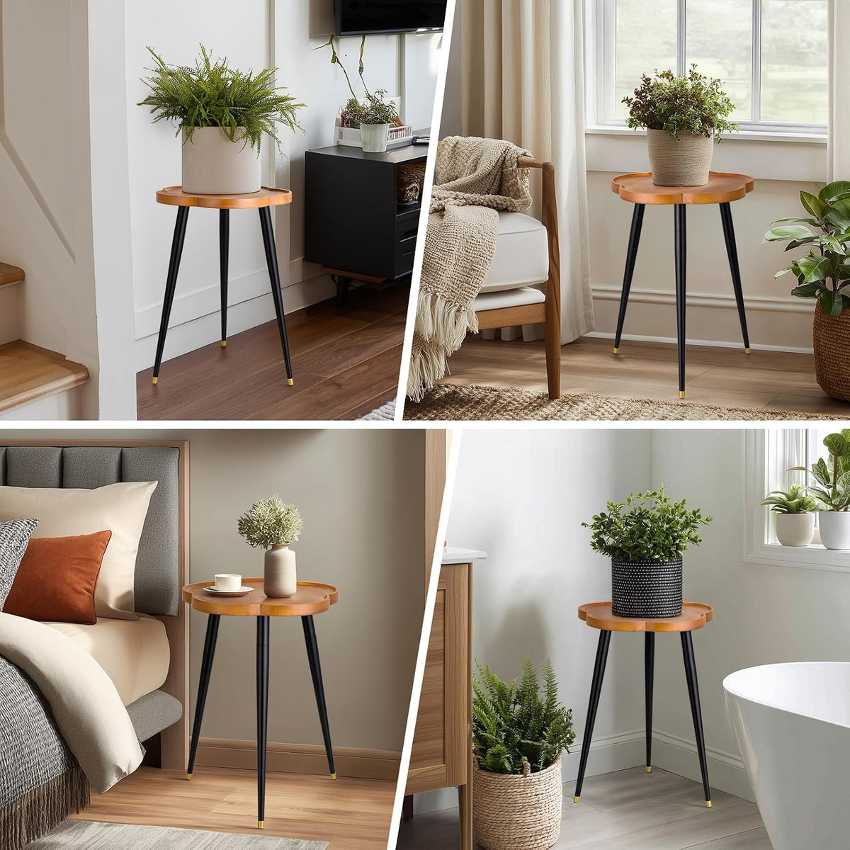 KINNARY Plant Stand Indoor, Wood Plant Table Plant Holder with Raised Design,Heavy Duty Metal Flower Pot Stand, Mid