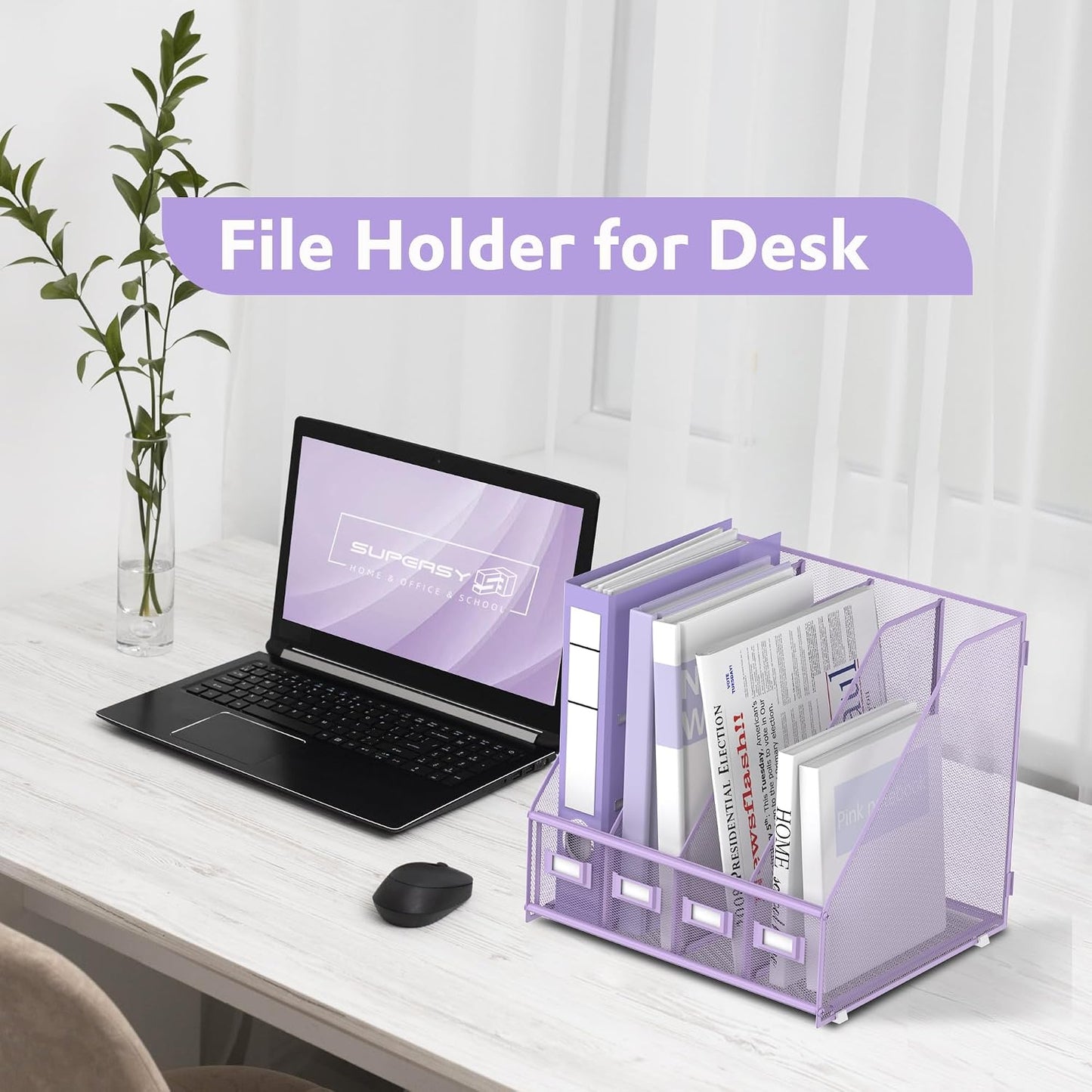 4-Compartment Magazine File Holder and File Organizer for Desk, Purple | Metal Magazine Holder and Magazine File