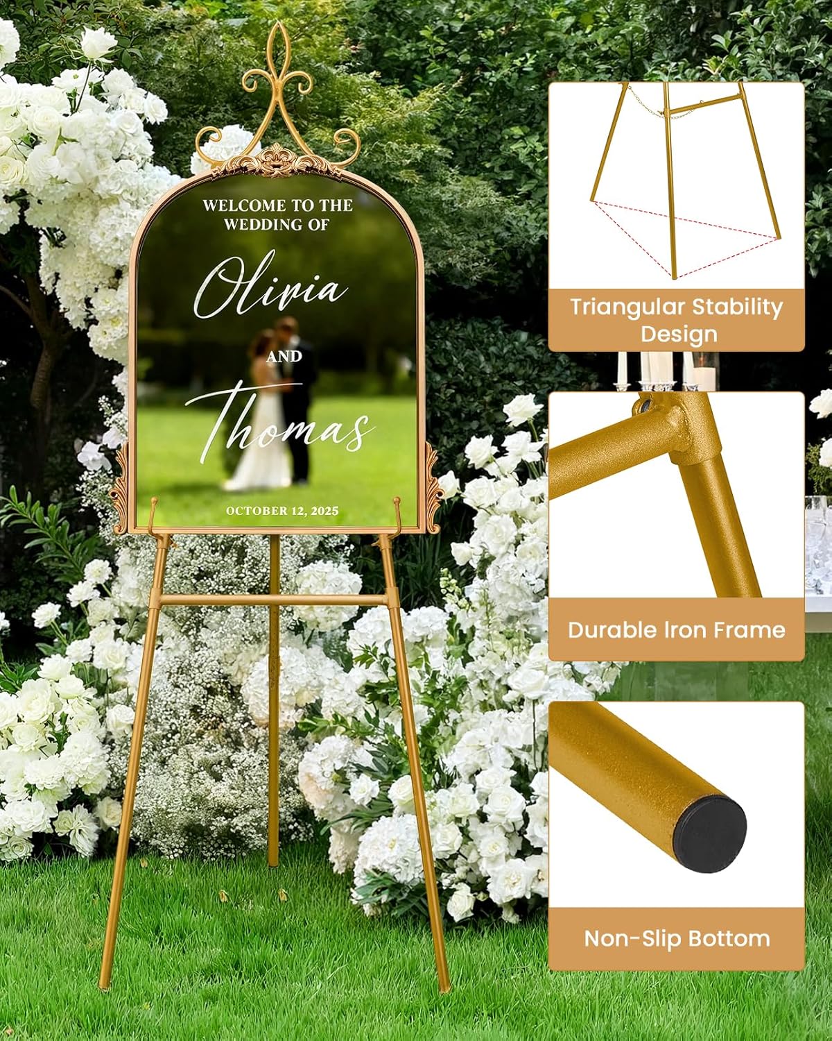 53.9" Gold Easel Stand for Sign, Heavy Duty Metal Display Easel with Storage Bag, Adjustable Art Easel for Wedding