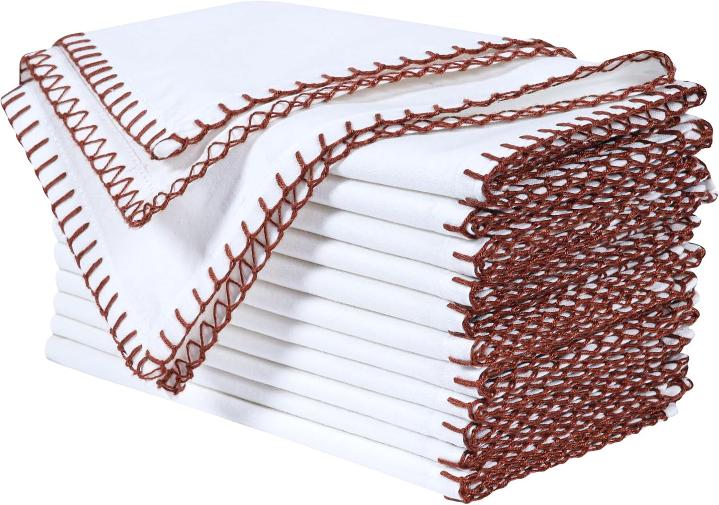 Bedding Craft Cotton Cloth Dinner Napkins Set of 12 – 18x18 Chili Oil Red Cloth Napkins with Blanket Stitch Selvedge –