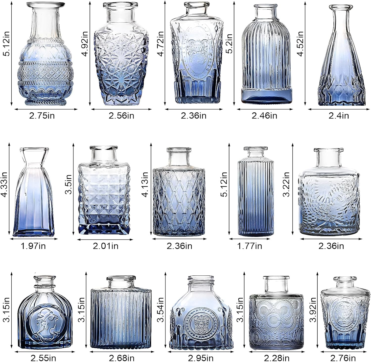 Mini Flower Vintage Vases / Blue / Set of 32