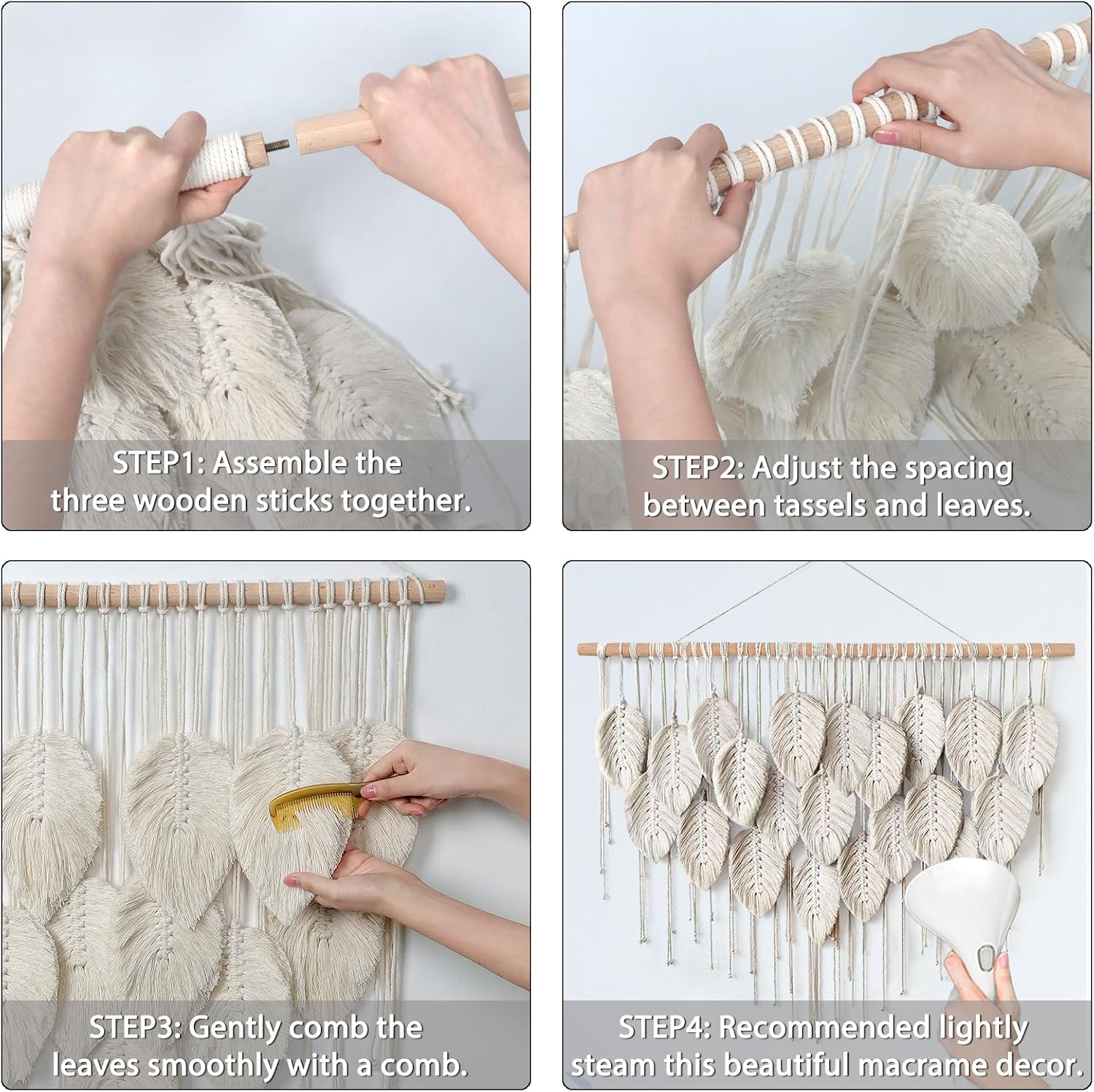 Macrame Wall Hanging Boho Beige Leaves Tapestry Bohemian Handmade Woven Wall / Beige-39" W x 28.3" L