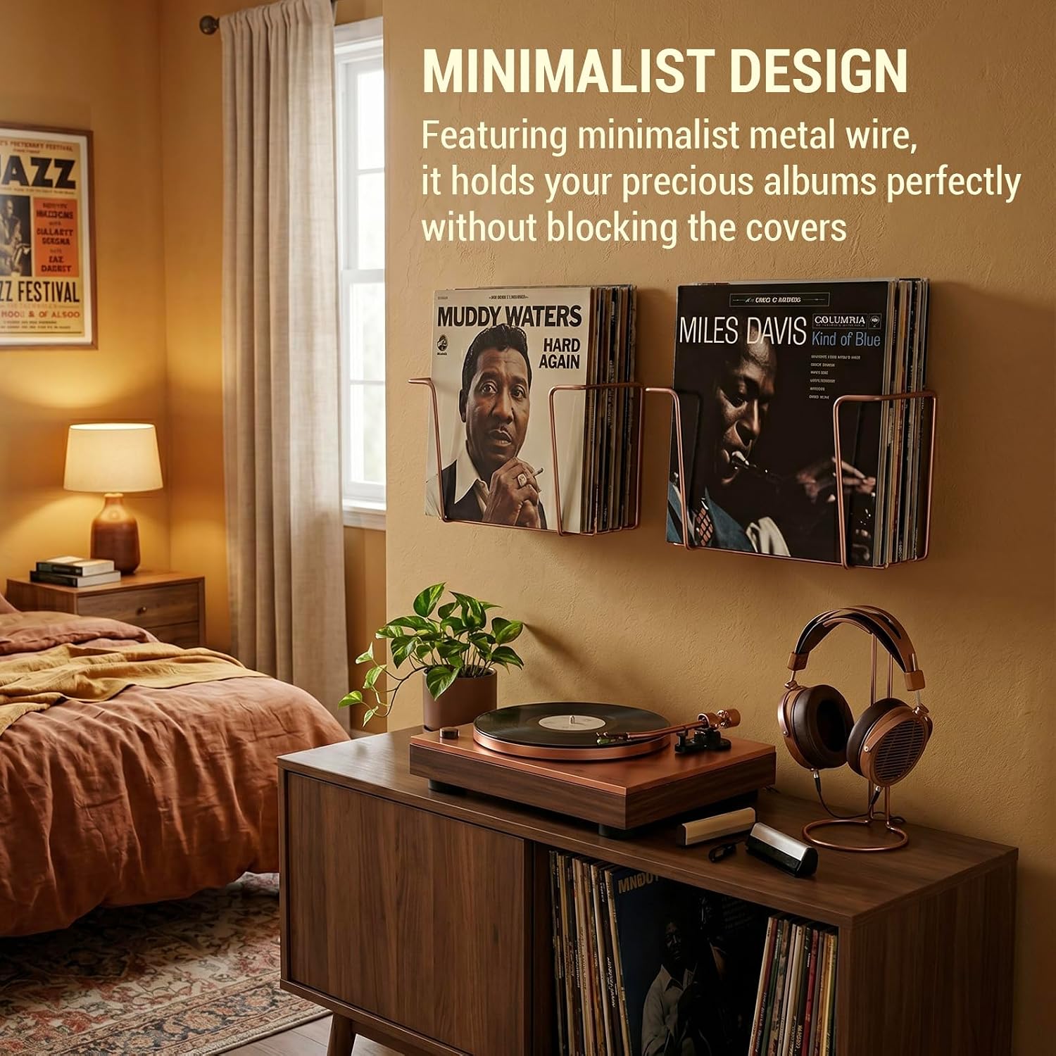 MyGift Copper Metal Wall Mounted Vinyl Record Display Shelves, Set of 2 | Wire Floating Holders Display LP Records &