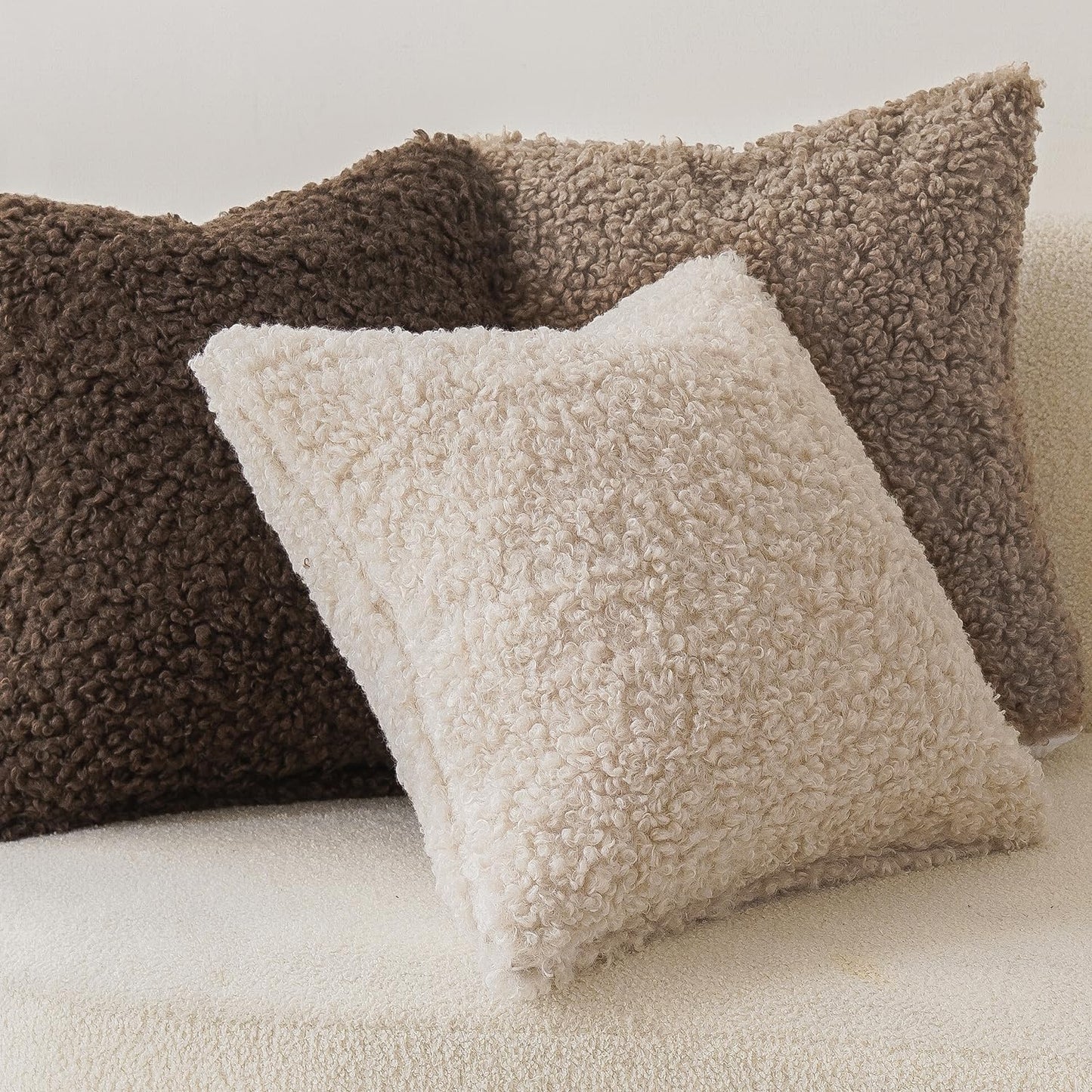 Teddy Faux Fur Throw Pillow Cover Decorative Sherpa Pillow Fuzzy / 18 x 18 / Khaki / Set of 2