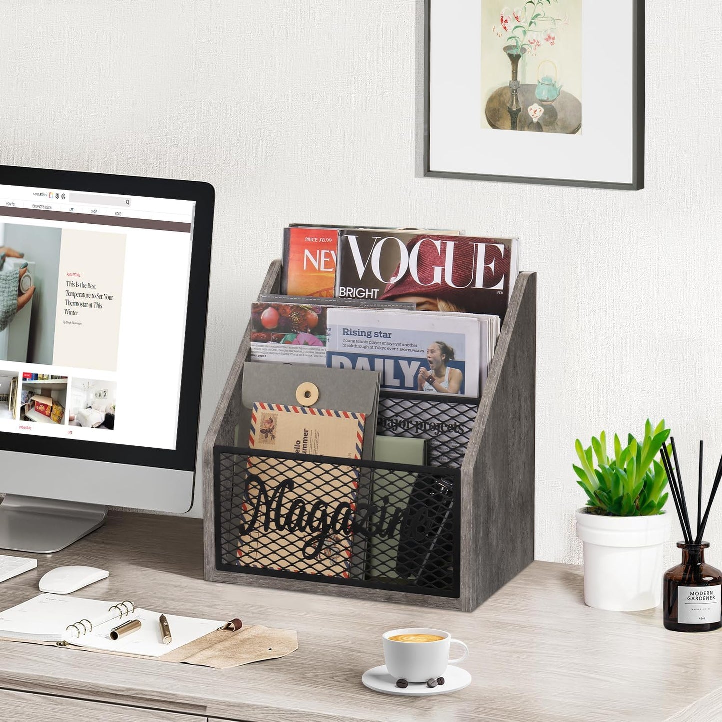 YINMIT 3 Tier Magazine Rack, Stepped Magazine Holder Floor for Home Storage | 3 Tier Stepped Design, Wood and Metal