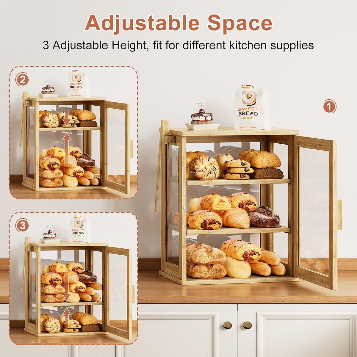 WOWLIVE Bread Box for Kitchen Countertop, 3 Layers Bread Storage Container | Large Bamboo Bread Bin for Homemade Bread