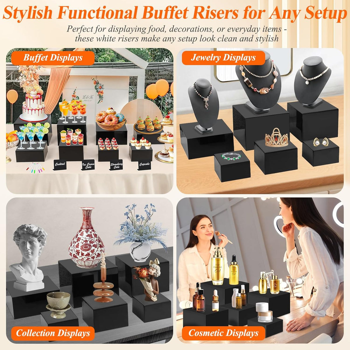 8Pcs Black Acrylic Buffet Risers with Mini Sign and Marker, Food Display Risers for Party Catering Dessert Jewelry