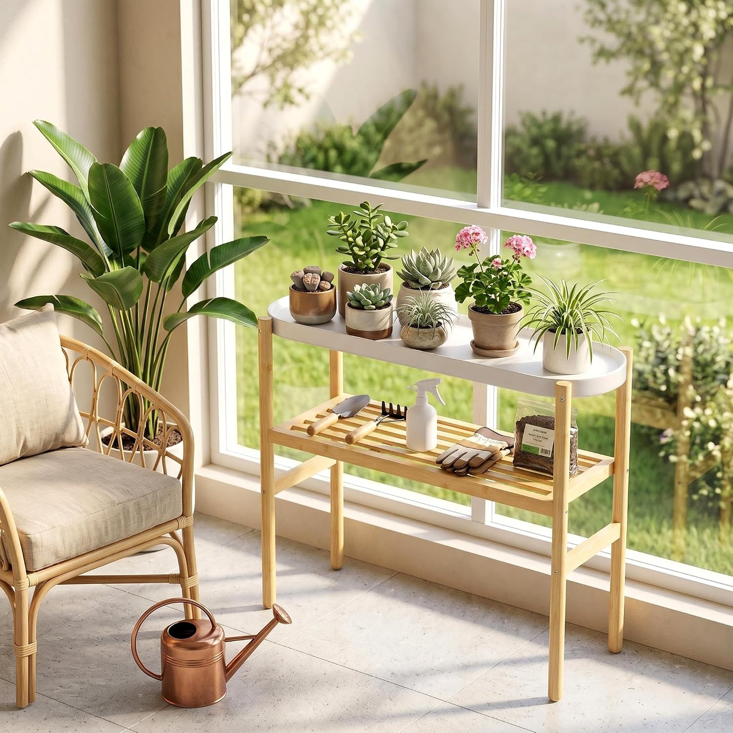 Bamboo Plant Stand Indoor, 47" 2-Tier Plant Shelf Table for Multiple Plants | Easy-Clean Steel Top | Smooth Bamboo