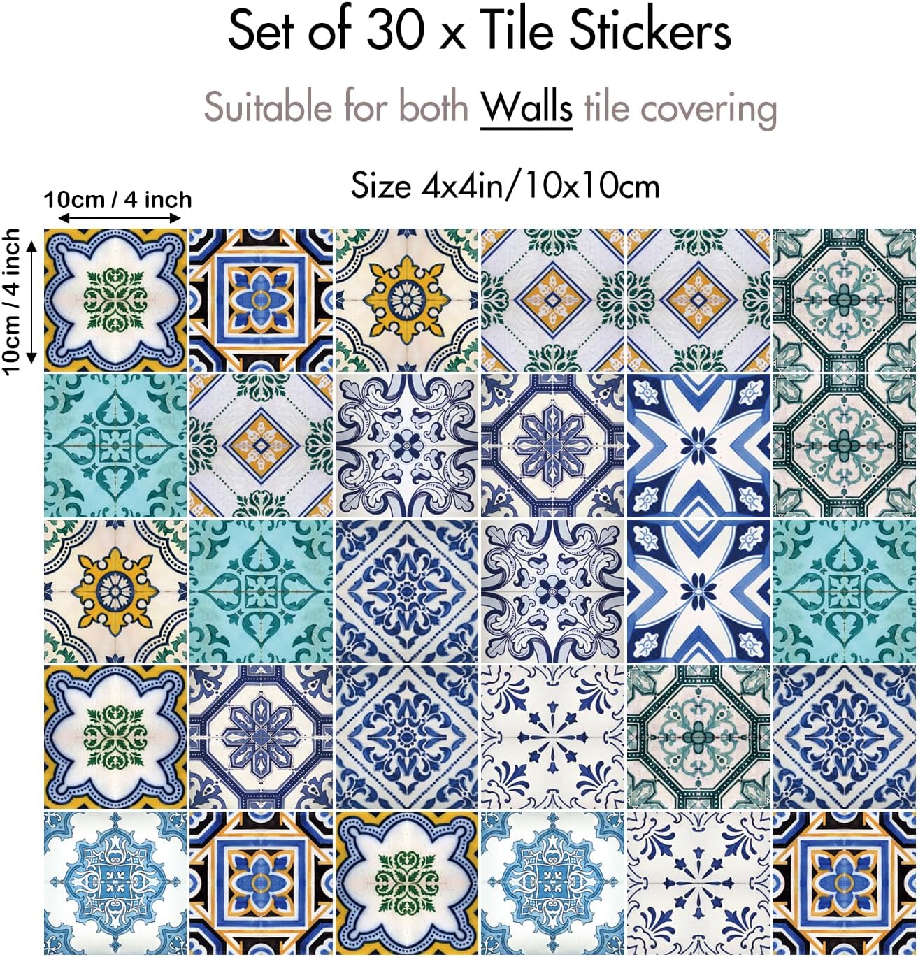 Mediterranean Tile Stickers Peel and Stick / 4 x 4 / Blue / Set of 30
