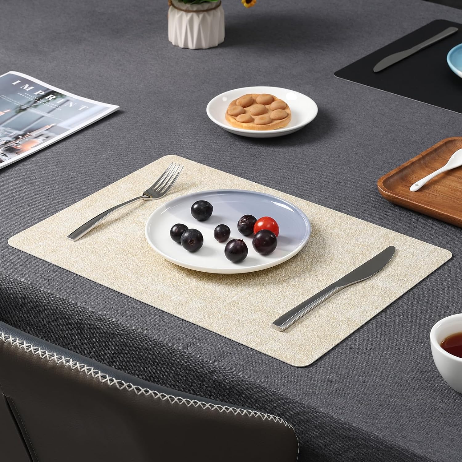 Myir JUN Faux Leather Placemats Set of 6, Dual Sided Waterproof Place Mats | Heat Resistant Wipeable Vinyl Table Mat