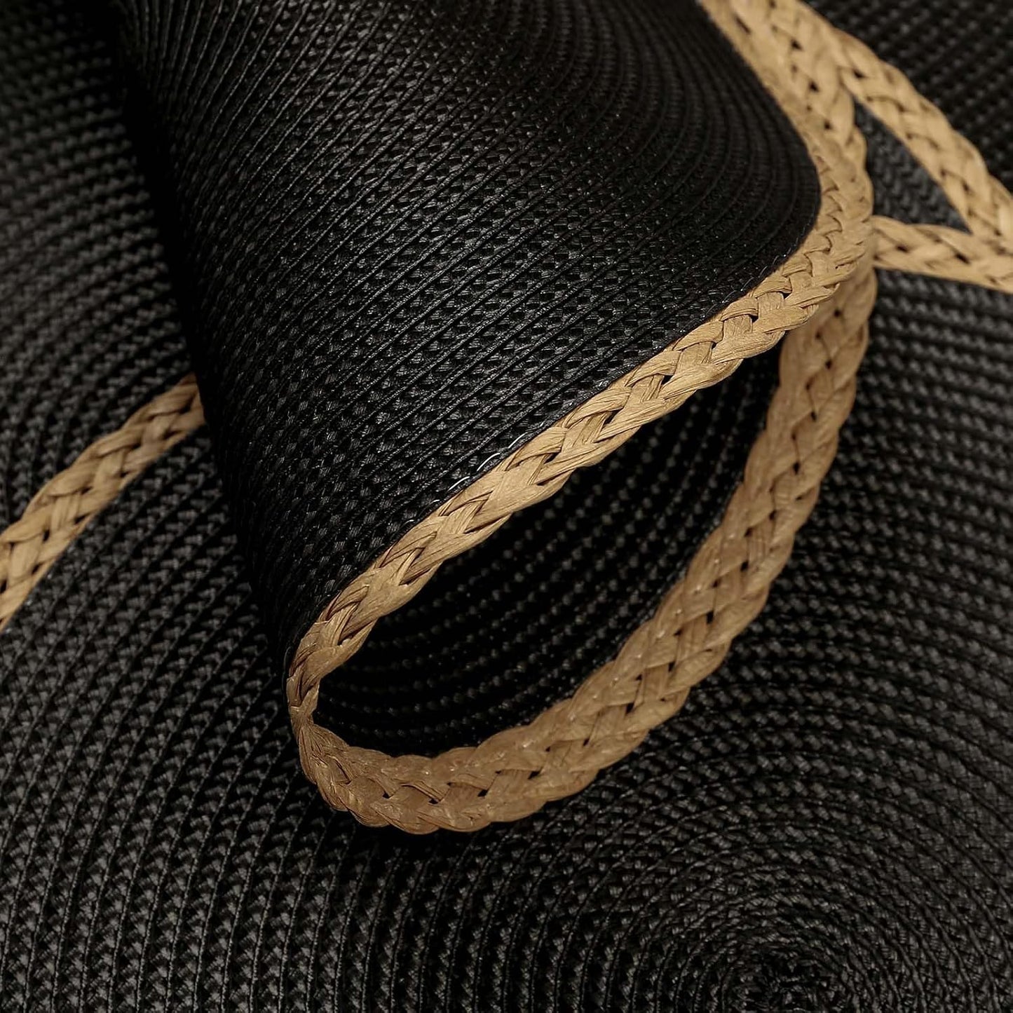 Round Placemats Set of 8, Woven Table Mats, Thin Edge, Black | Braided Paper Edge, 15 Inch Diameter, Fits Dinner Plate