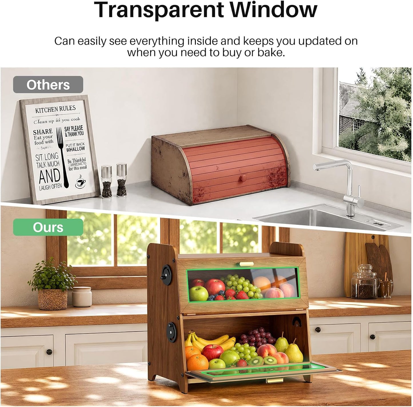 SNTD 2 Tier Bread Box for Kitchen Countertop, Adjustable Ventilation, Brown | Bamboo Cutting Board, Airtight Design