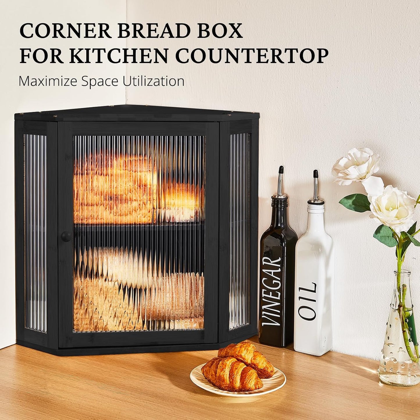 BRONYPRO Corner Bread Box for Kitchen Countertop, Double Layer Bamboo Breadbox with Adjustable Partition, Modern Bread