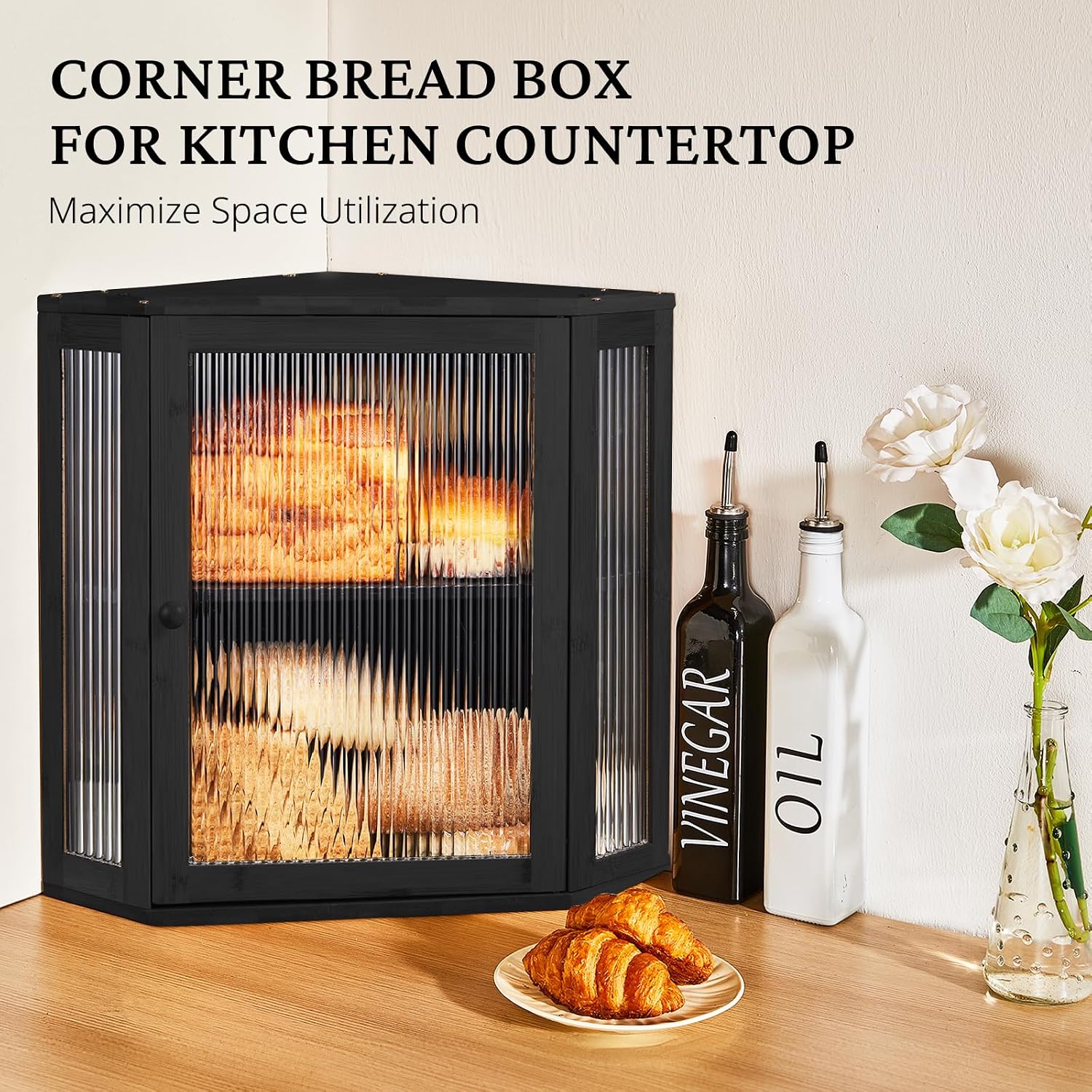 BRONYPRO Corner Bread Box for Kitchen Countertop, Double Layer Bamboo Breadbox with Adjustable Partition, Modern Bread
