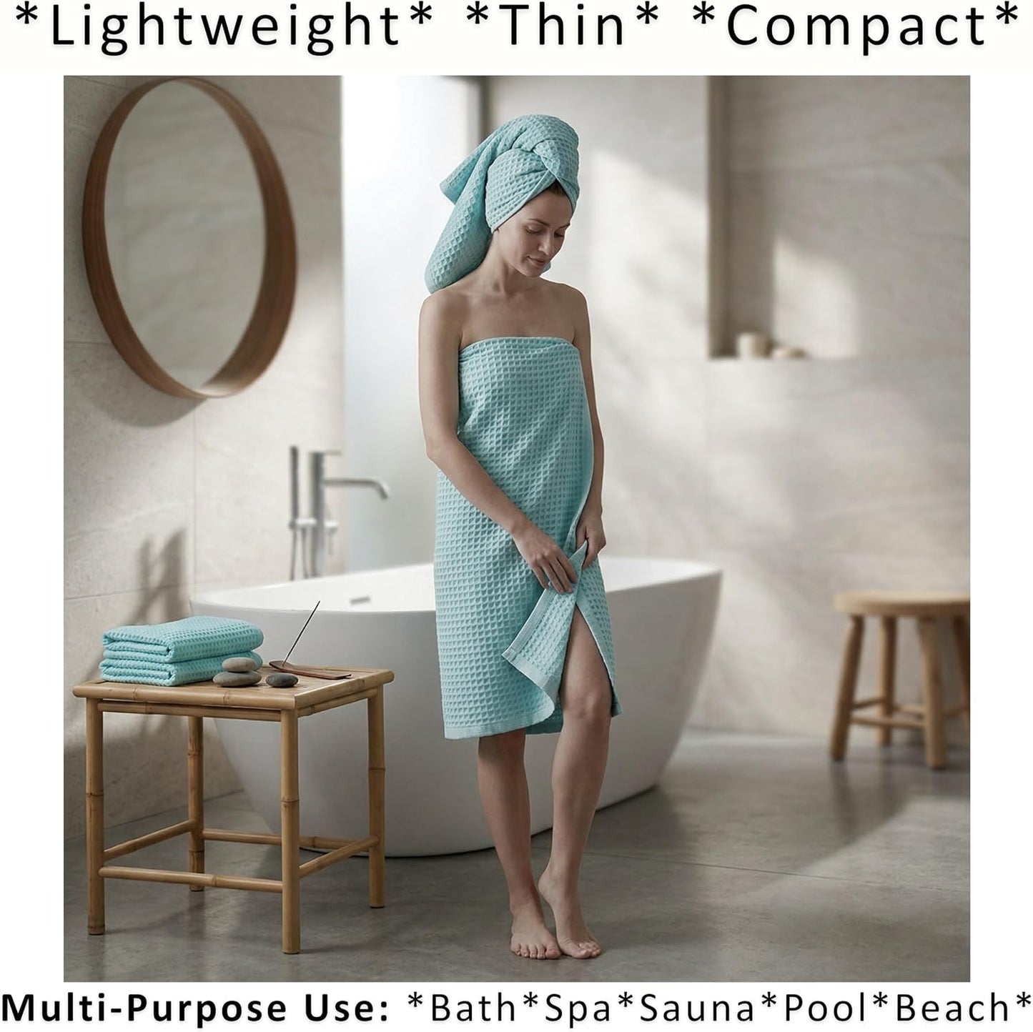 PÜSKÜL Natural 100% Turkish Cotton Waffle Bath Towels Set of 2, Extra-Large | Turquoise, Oversize 32x63" Bath sheet