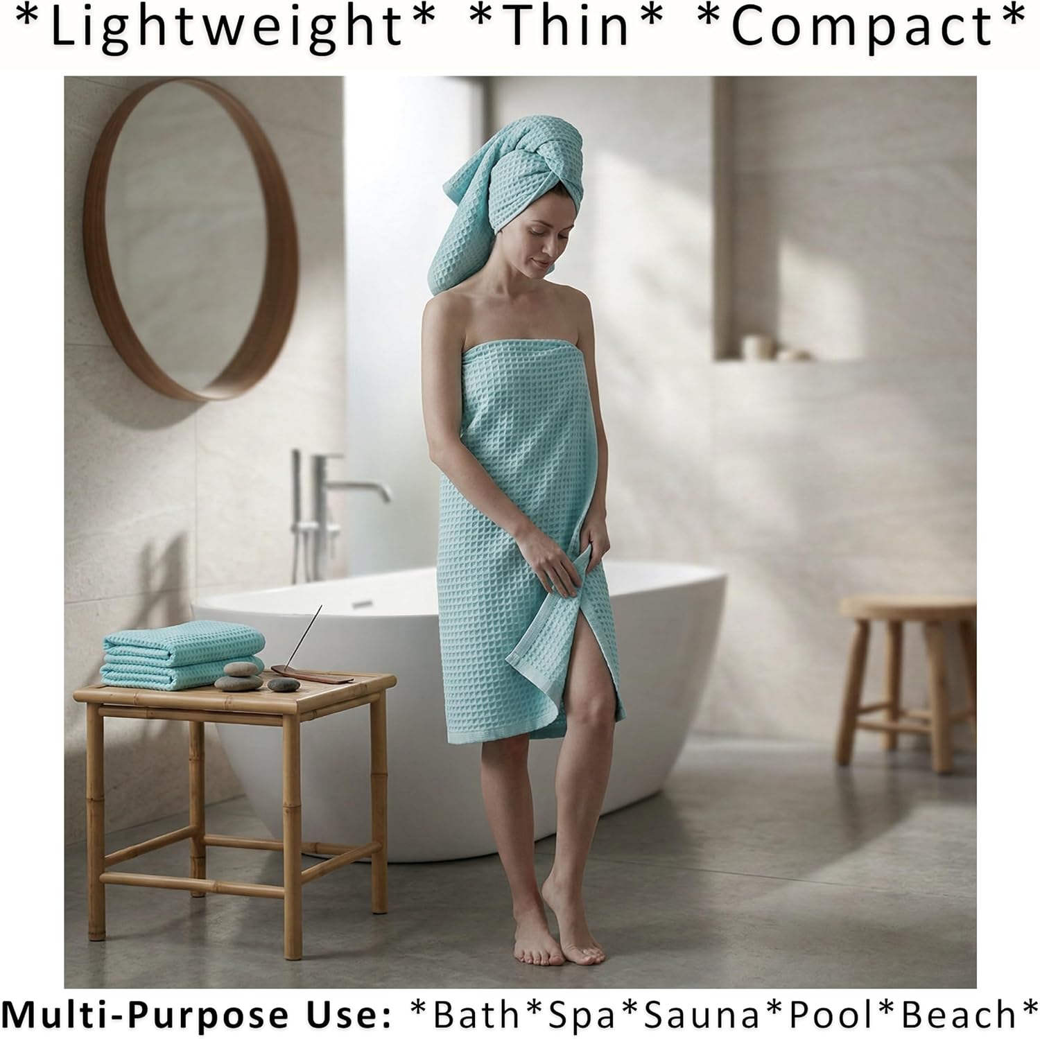 PÜSKÜL Natural 100% Turkish Cotton Waffle Bath Towels Set of 2, Extra-Large | Turquoise, Oversize 32x63" Bath sheet