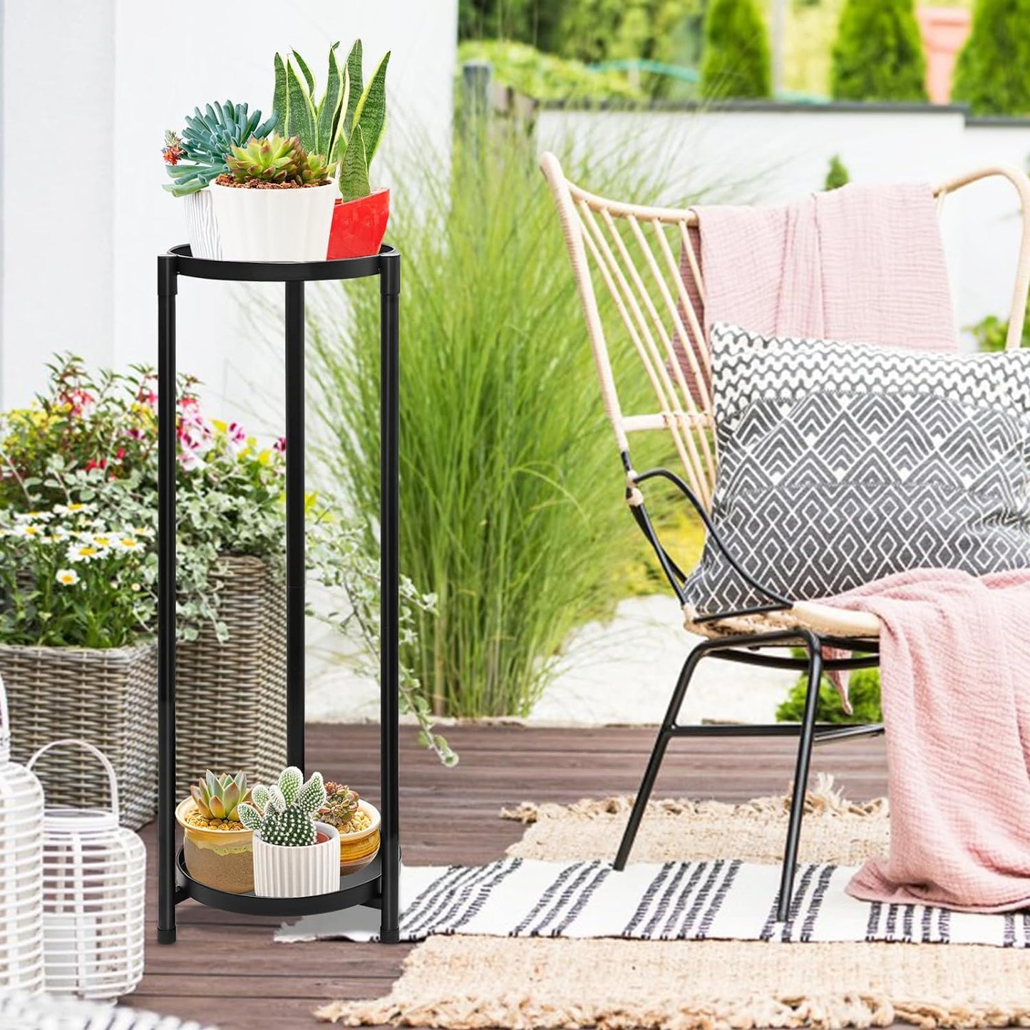2 Tier Plant Stand Indoor Tall, Black Corner Tiered Round Plant Stand for Indoor Multiple Plants, Metal Flower Pot