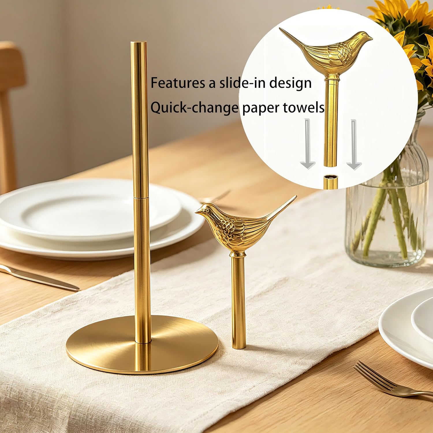 Gold Paper Towel Holder Countertop Brass Papertowel Holder with Removable Bird Decor