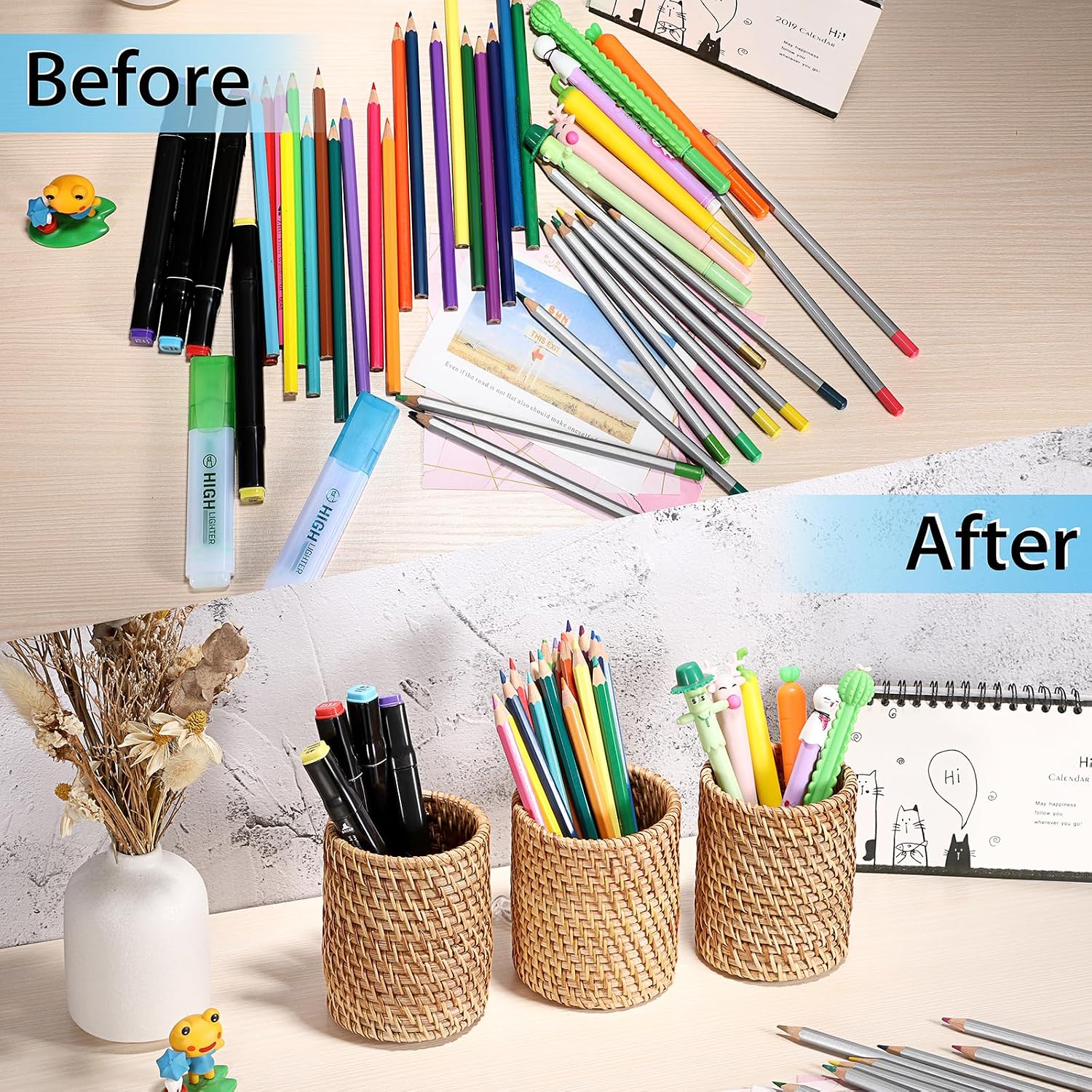 Handmade Desk Pencil Holders Makeup Brush Holder Multi-Functional Woven Basket / Cylinder / Set of 3