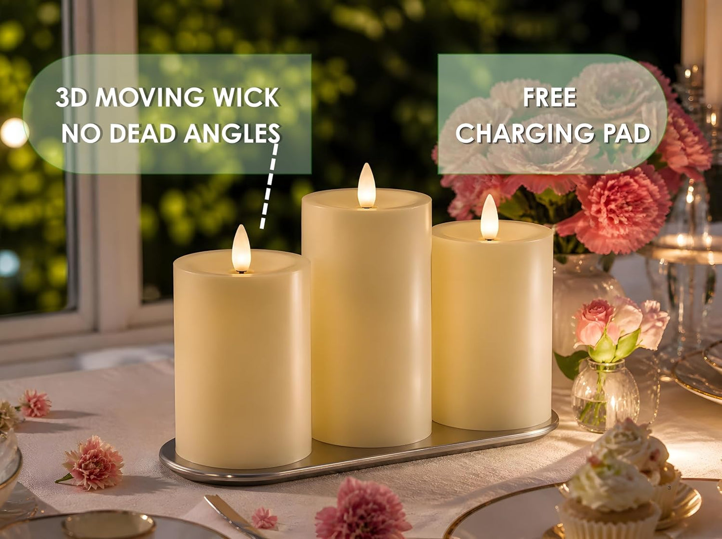 Rechargeable Flameless Pillar Candle with Remote Timer, 3D Moving Flame Real Wax Led Pillar Candles (Ivory