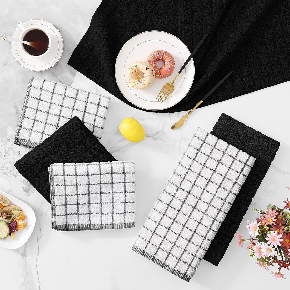 Homaxy Large Premium Cotton Kitchen Towels 16"x 28", 12 Pack, Black | Natural Ring Spun 390 GSM Dish Towels, Super