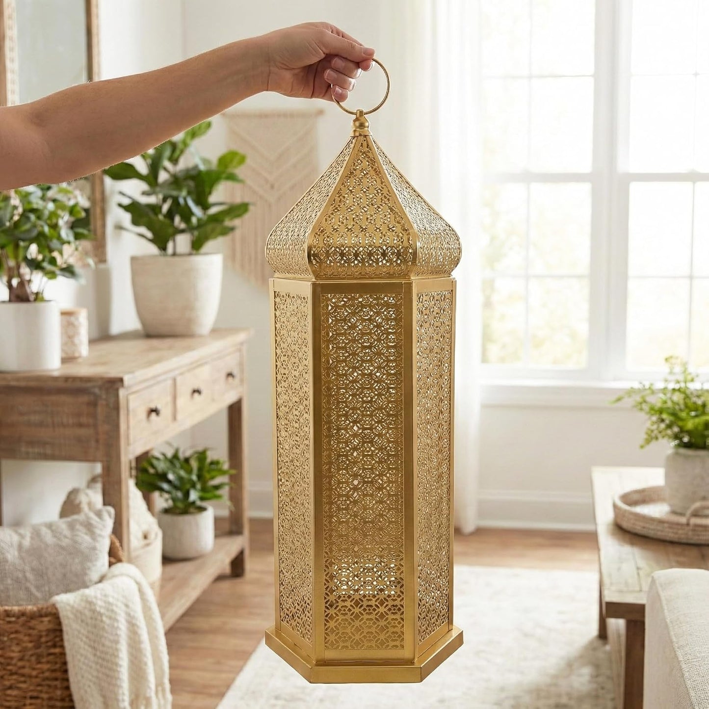Vela Lanterns Decorative Indoor Gold Moroccan Floor Lantern, Extra Large | Big Moroccan Candle Holder Lamp, Golden