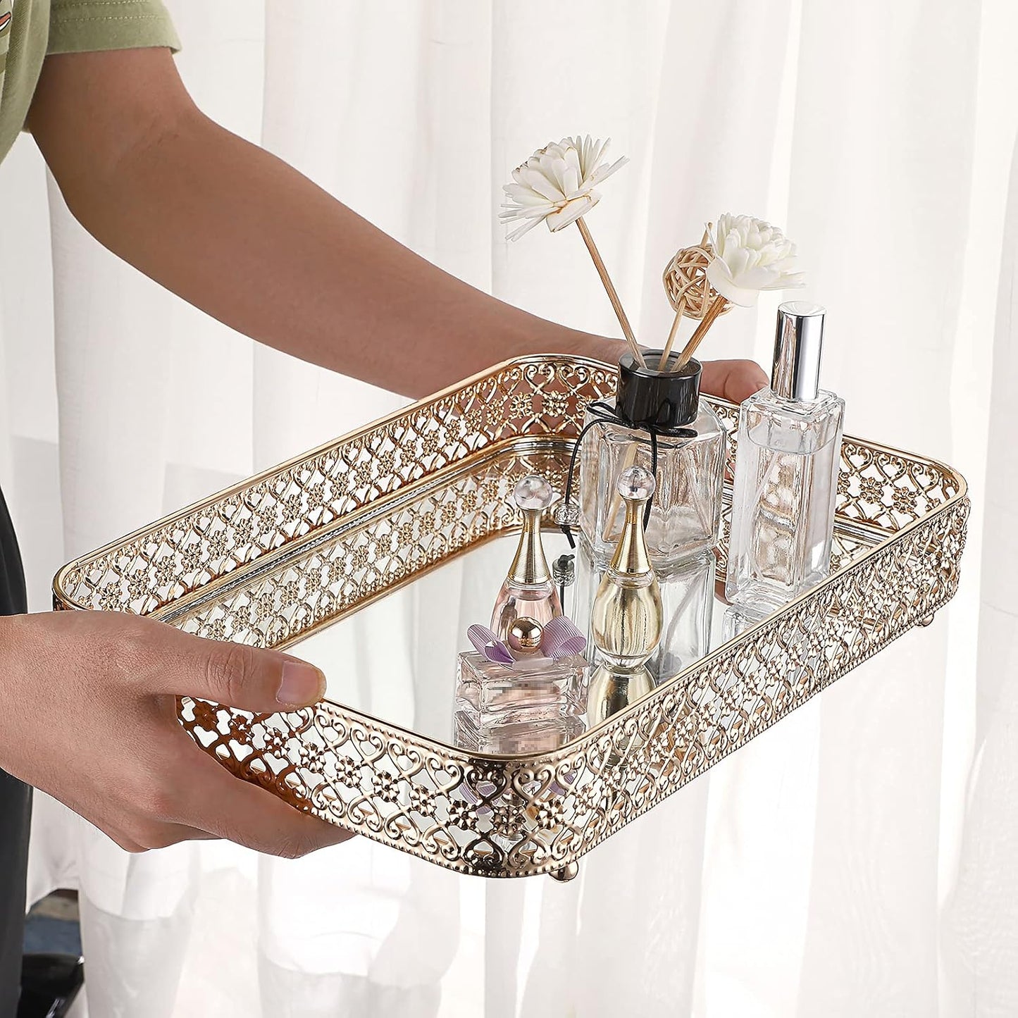 Glass & Metal Trinket Organizer for Dresser & / Gold / 11.8 x 7.9 x 2