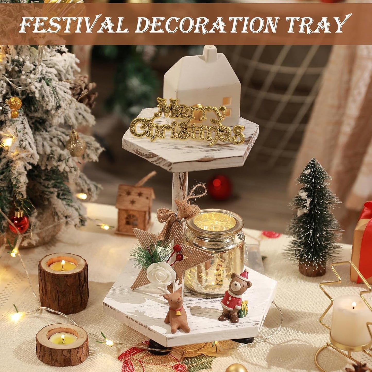 Decorative Tray / 2-Tier Wood Farmhouse Riser / Hexagonal-white-2tier