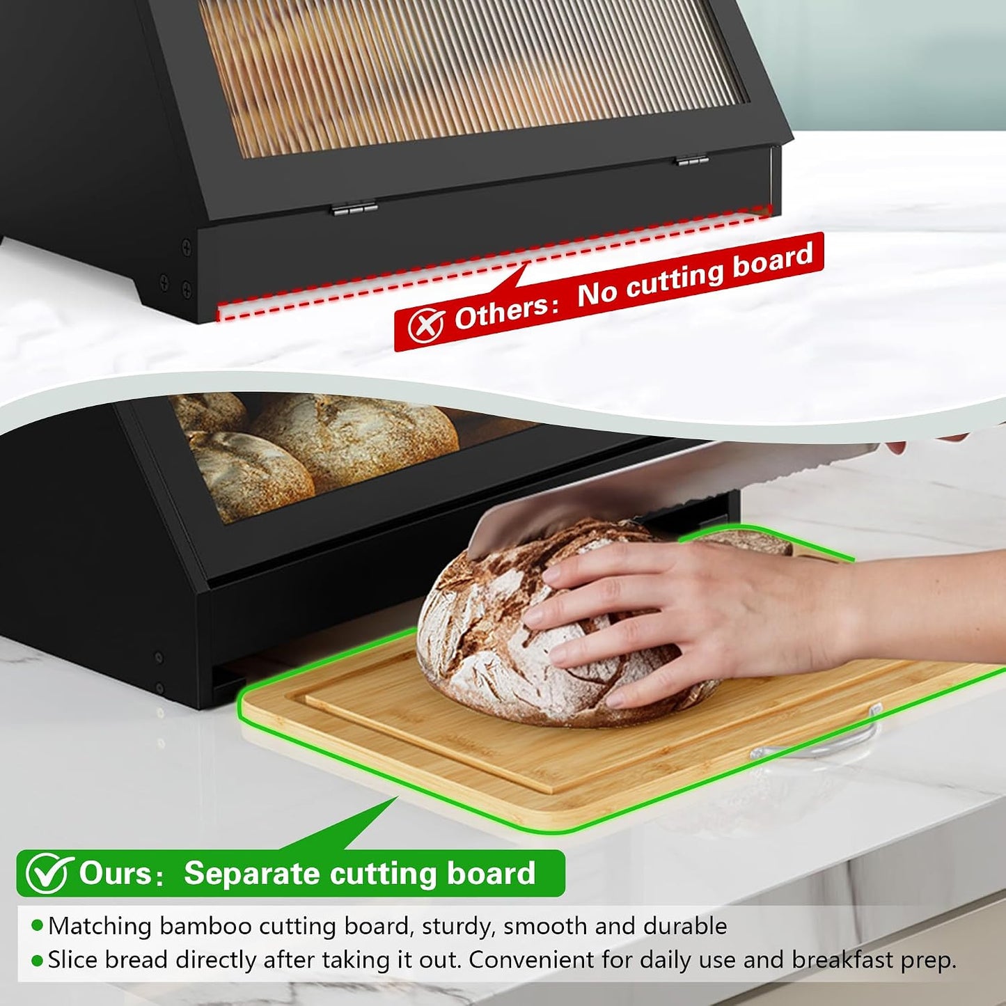 HOLTICO Roll Top Bamboo Bread Box with Cutting Board for Kitchen, Black | 2-Tier Large Wood Bread Bin for Kitchen