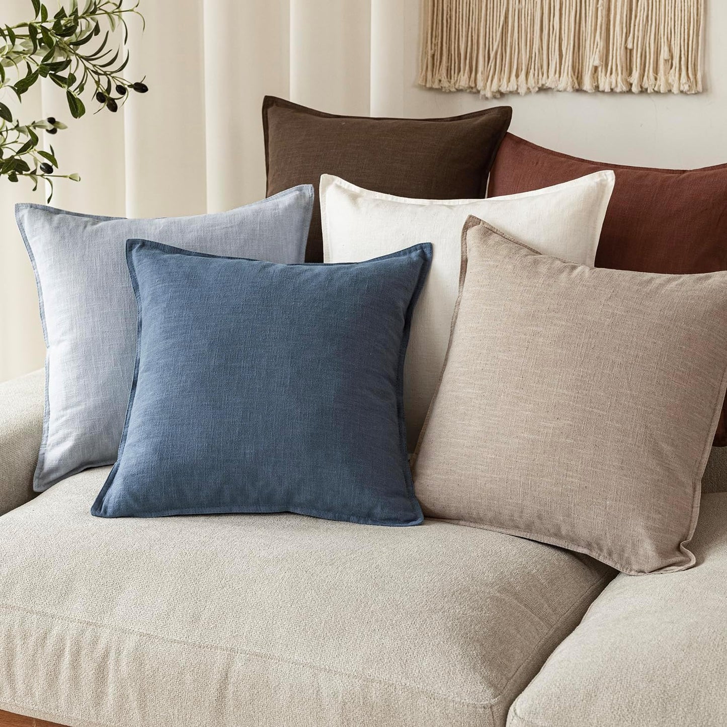 Decorative Linen Solid Throw Pillow Covers Soft Accent Euro / 18 x 18 / Blue Ashes / Set of 2