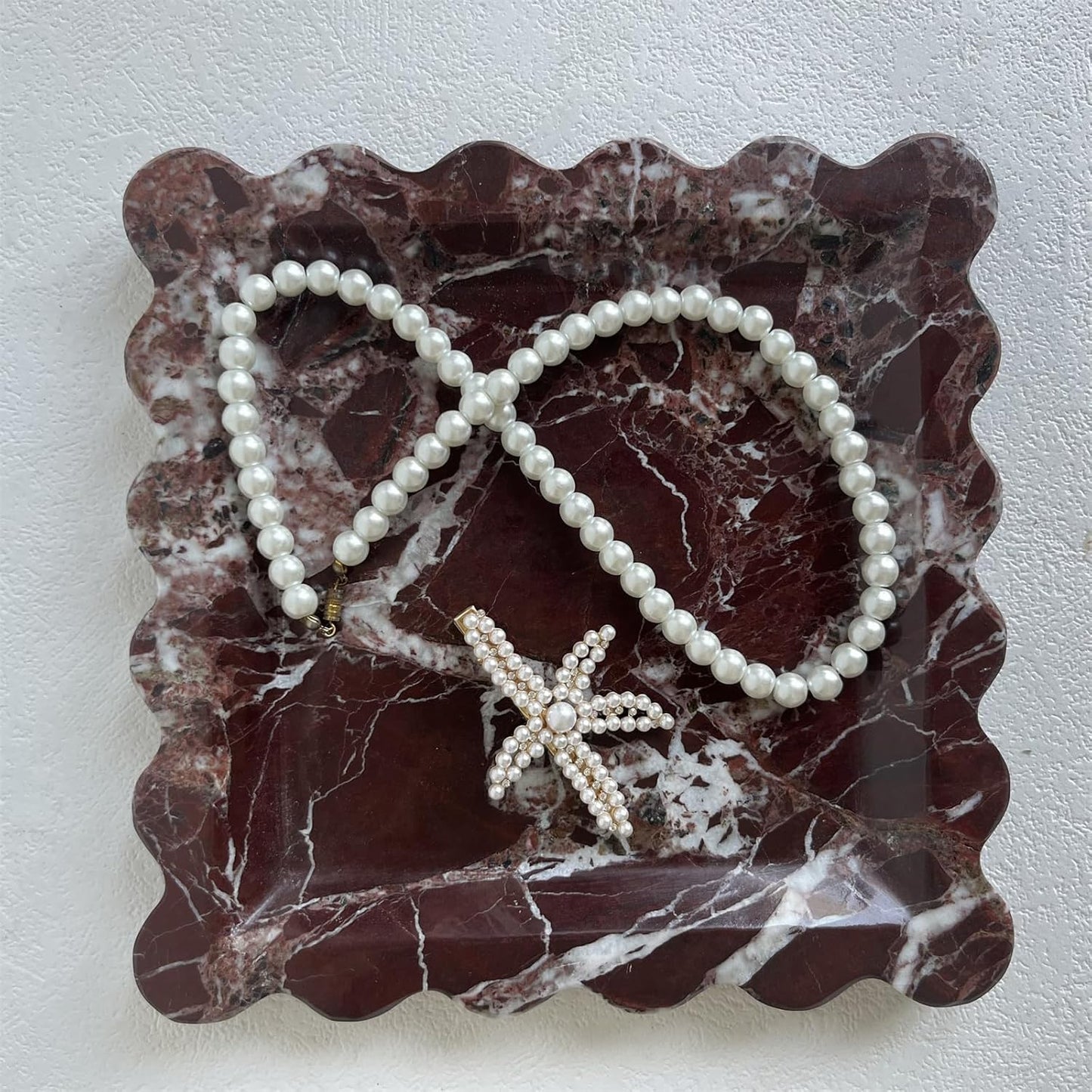 Vintage Marble Tray Small Ornaments Scalloped Tray Handmade Storage Dish / Rosa Levanto / Natural