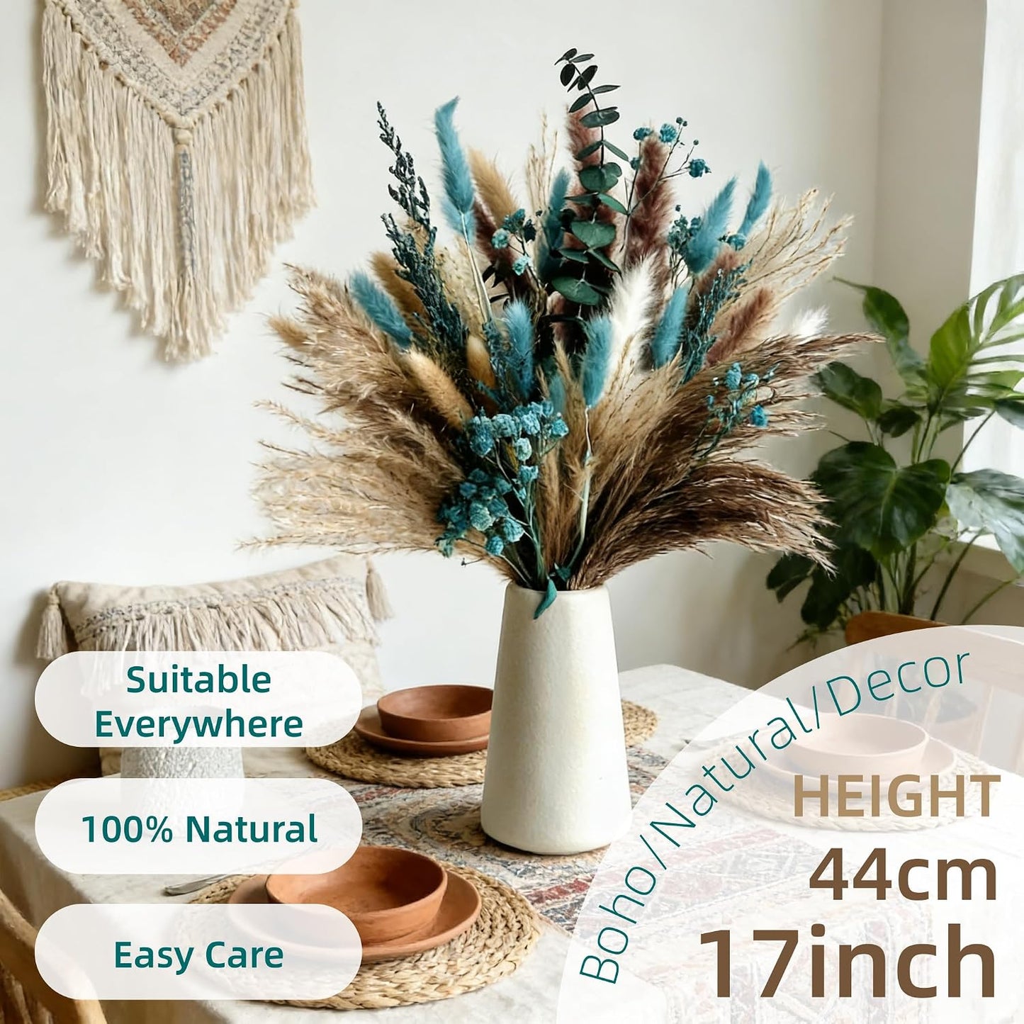 Turquoise Dired Pampas Grass Decor 17" Fluffy Real Blue Dired Flowers / Teal