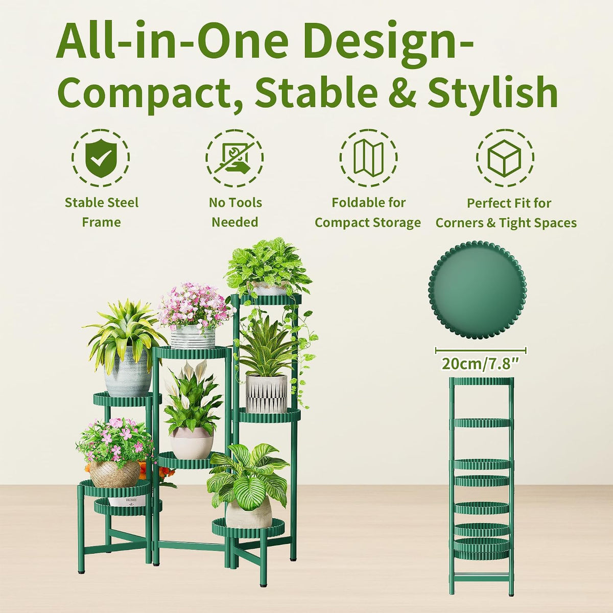 8 Tier Large Plant Stand Indoor, 7.9 Inch Wide Tall Corner Metal Plant Stands Outdoor for Multiple Plants, Foldable