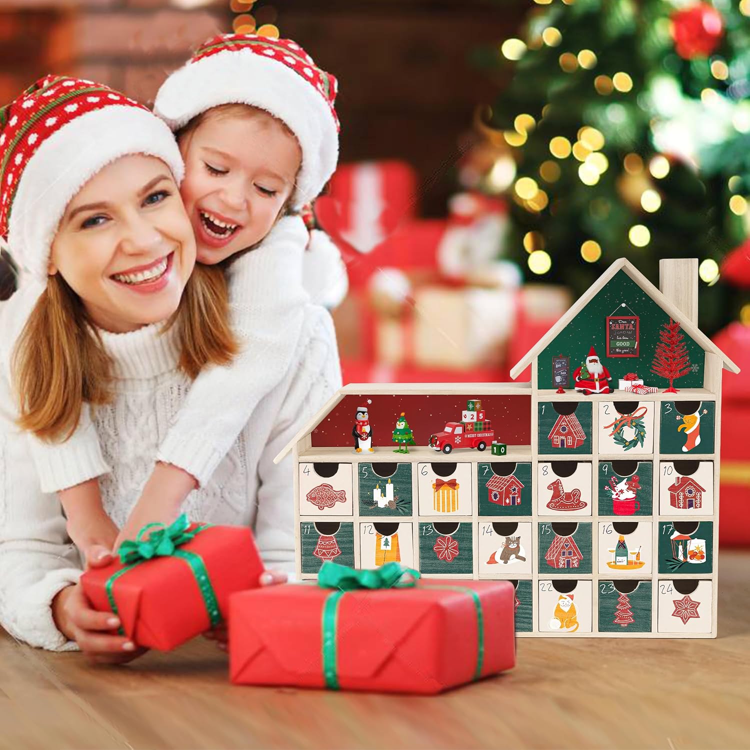 Sunlit Christmas Wooden Advent Calendar with Drawers, Unfinished Wooden, Chalet Shaped Countdown Calendar Ready to
