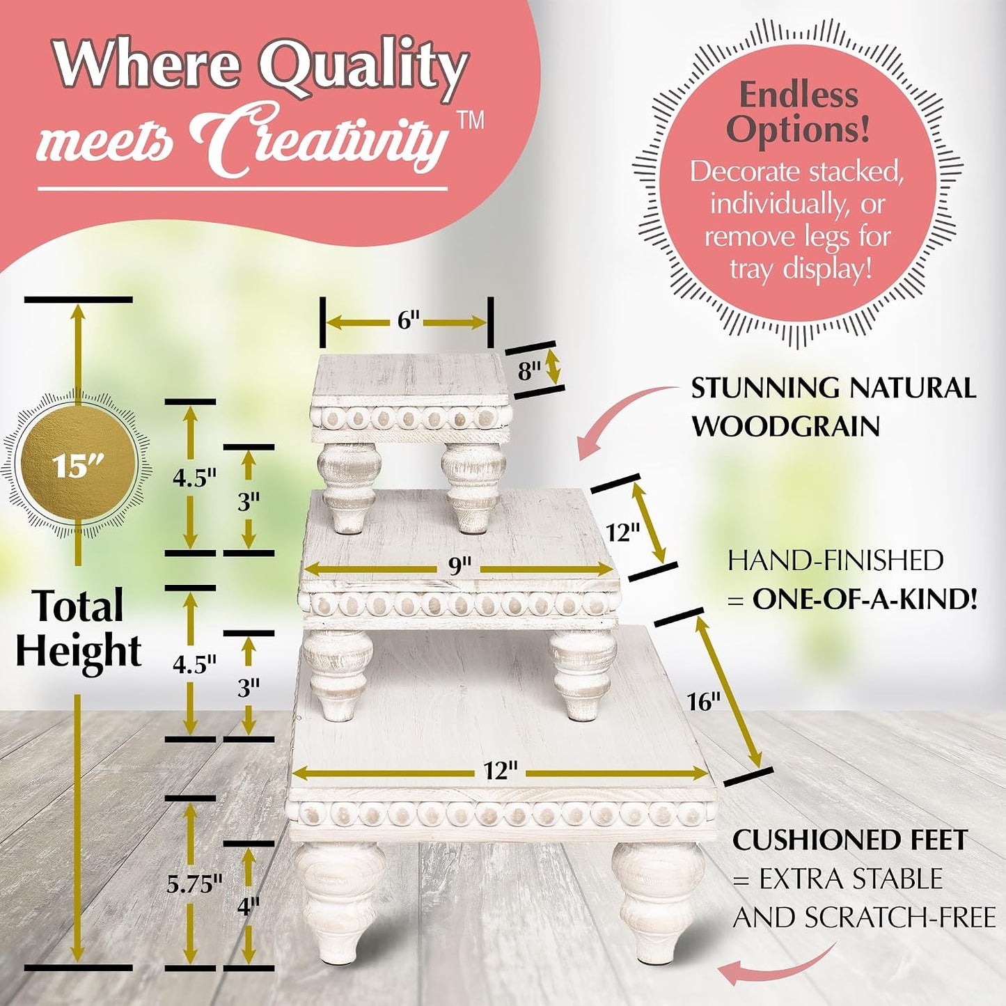 Decorative Tray [Set of 3] Wooden Tiered Tray Stand Display Risers - Tiered Tray Decor for Tabletop Use, Kitchen