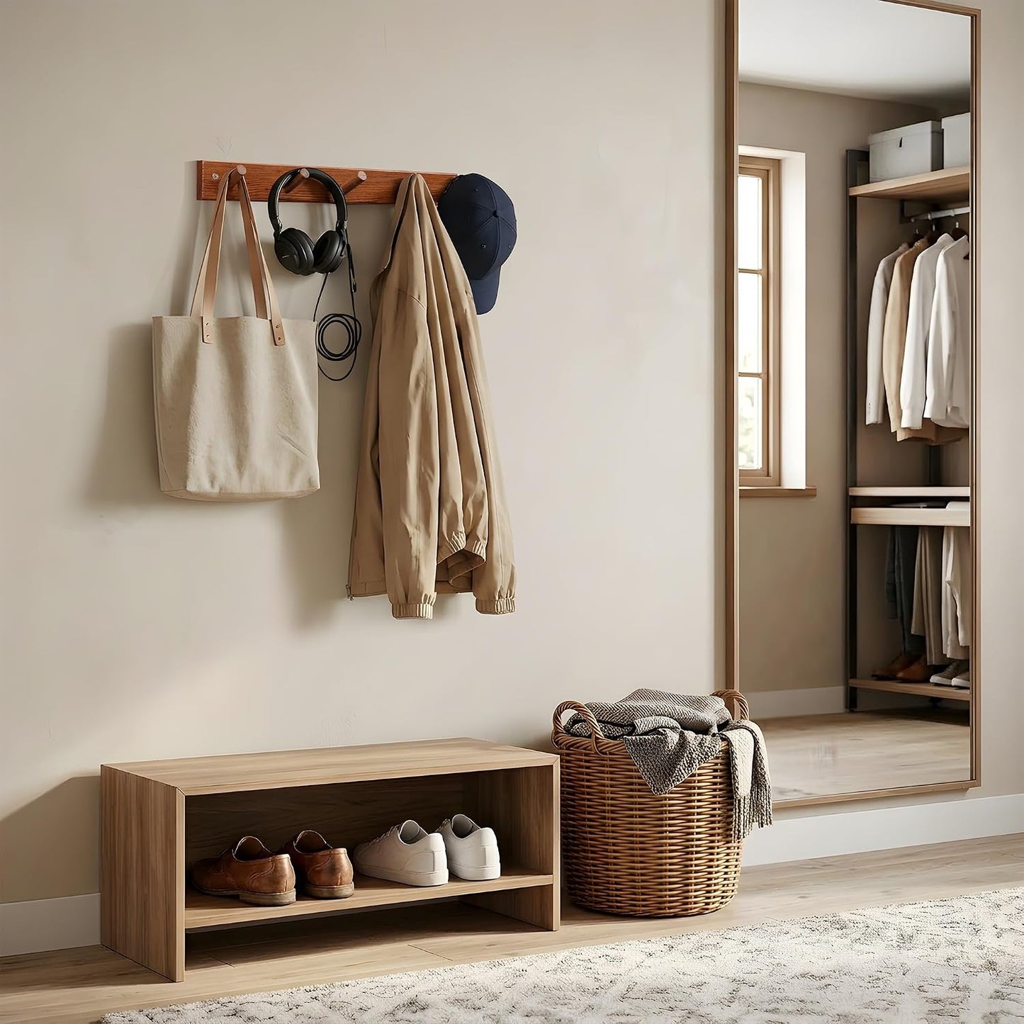 Natural Teak Wall-Mounted Coat Rack (Set of 2, 16'' Hole to Hole) - Farmhouse Entryway Hooks with 5 Wooden Hooks Each