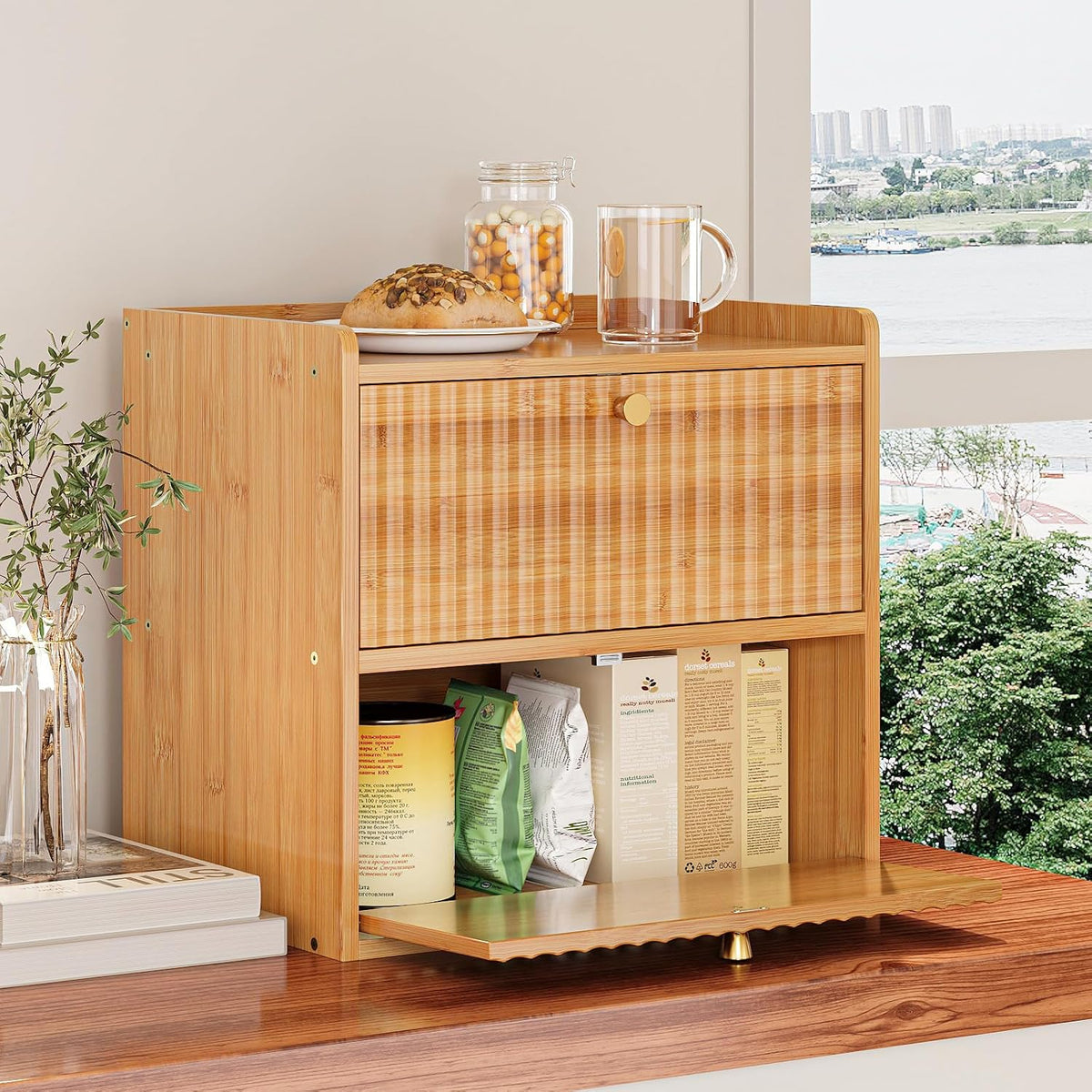 Trironsun Rustic Bread Box for Kitchen Countertop Bamboo Bread Storage Container Bin Double Layer BreadBox Farmhouse