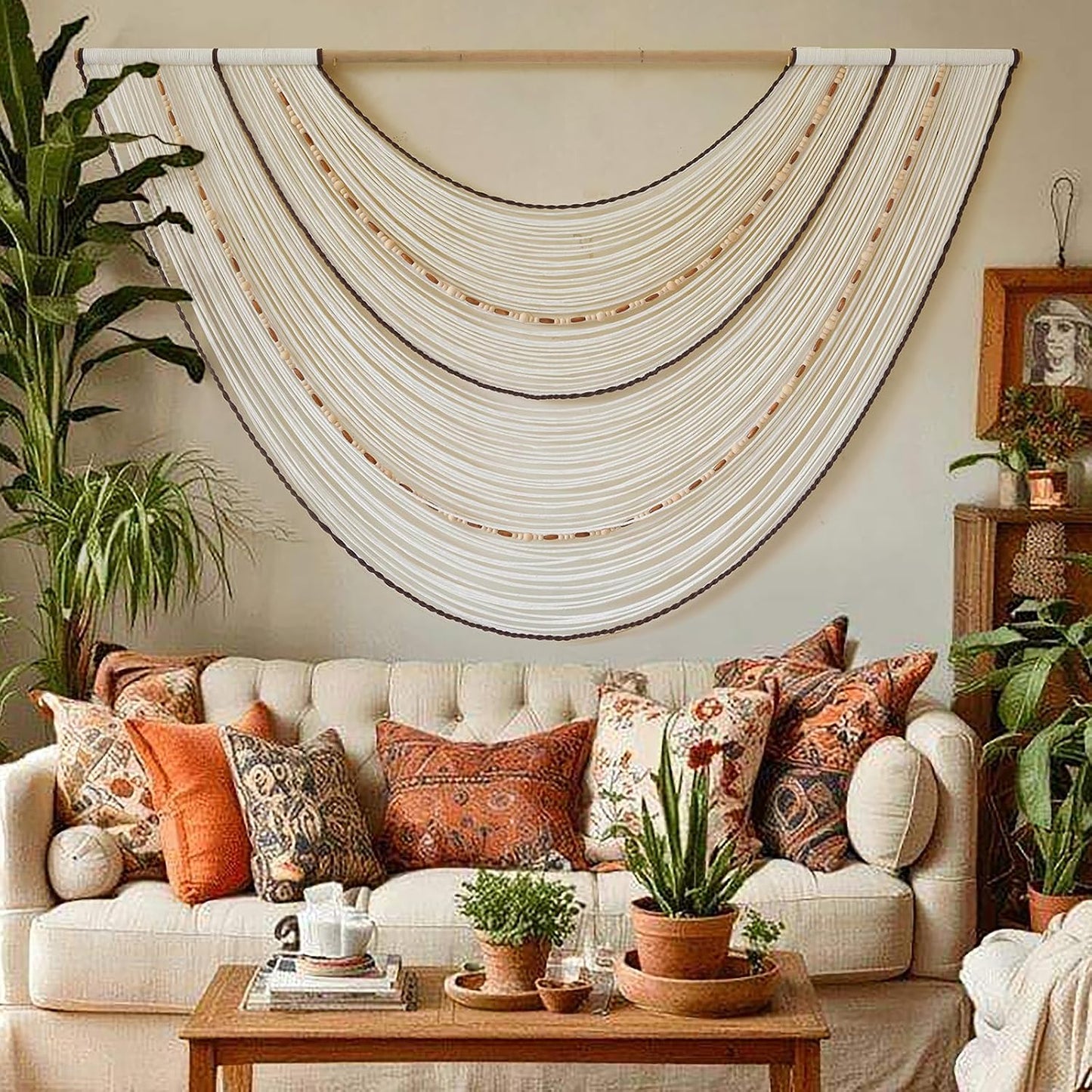 Macrame Wall Hanging Boho Wall Decor Beaded Fiber Art Handmade 57"W*35"L